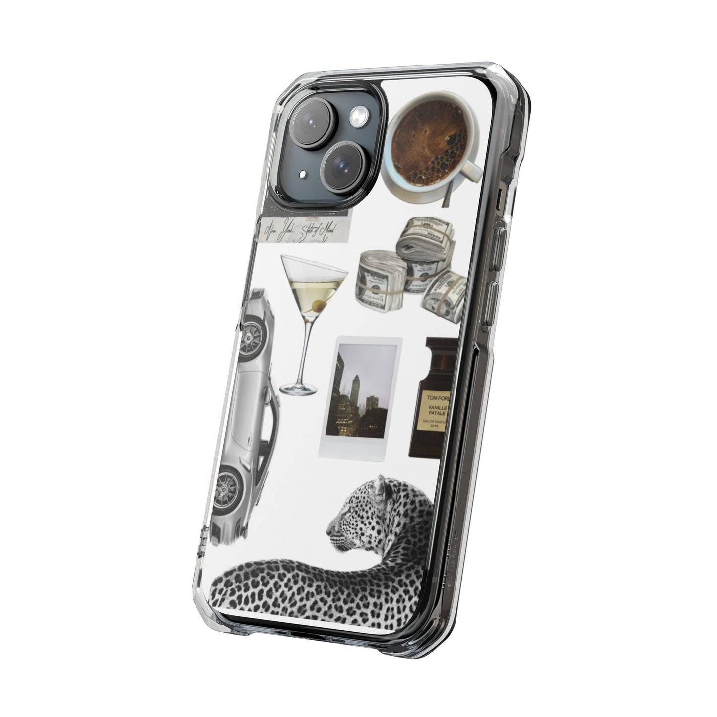 Clear Impact Phone Case — Luxe Collage (Leopard, Martini, Coffee & Vintage Car)