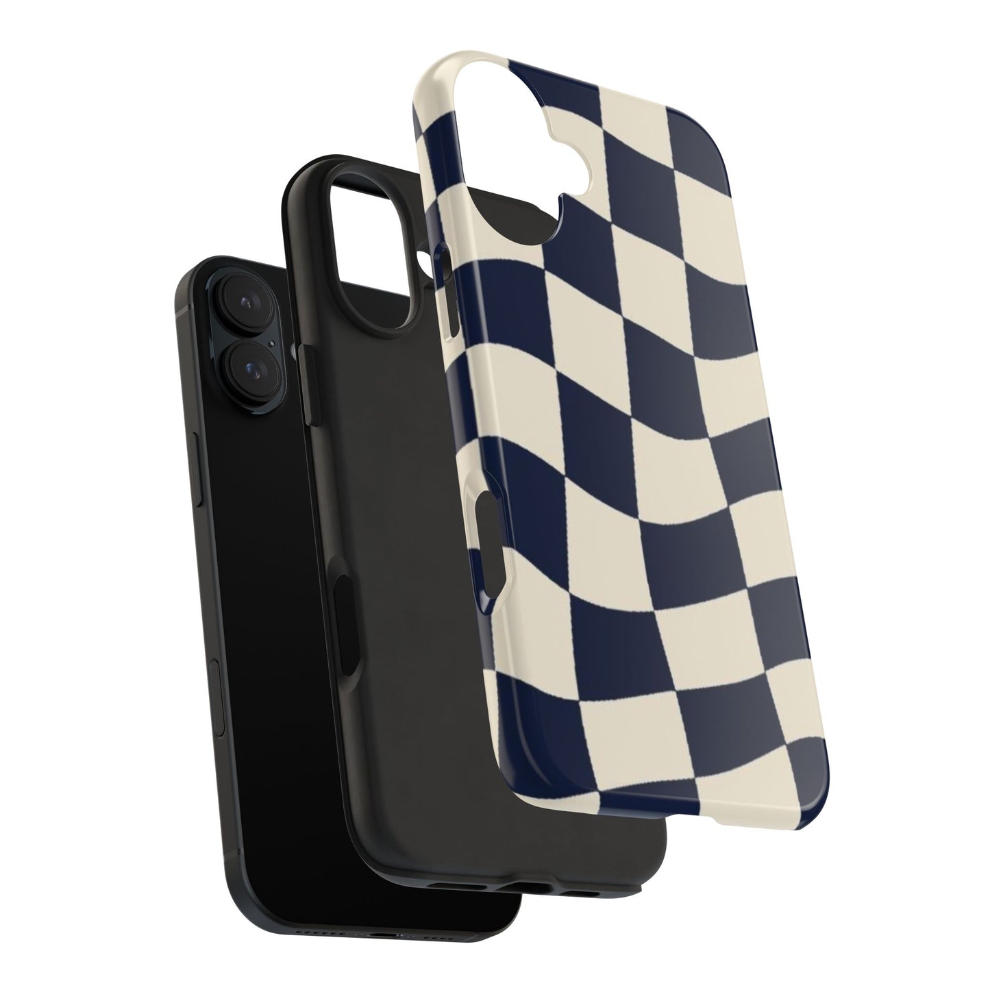 Wavy Checkerboard Tough Phone Case — Navy & Cream Protective Cover