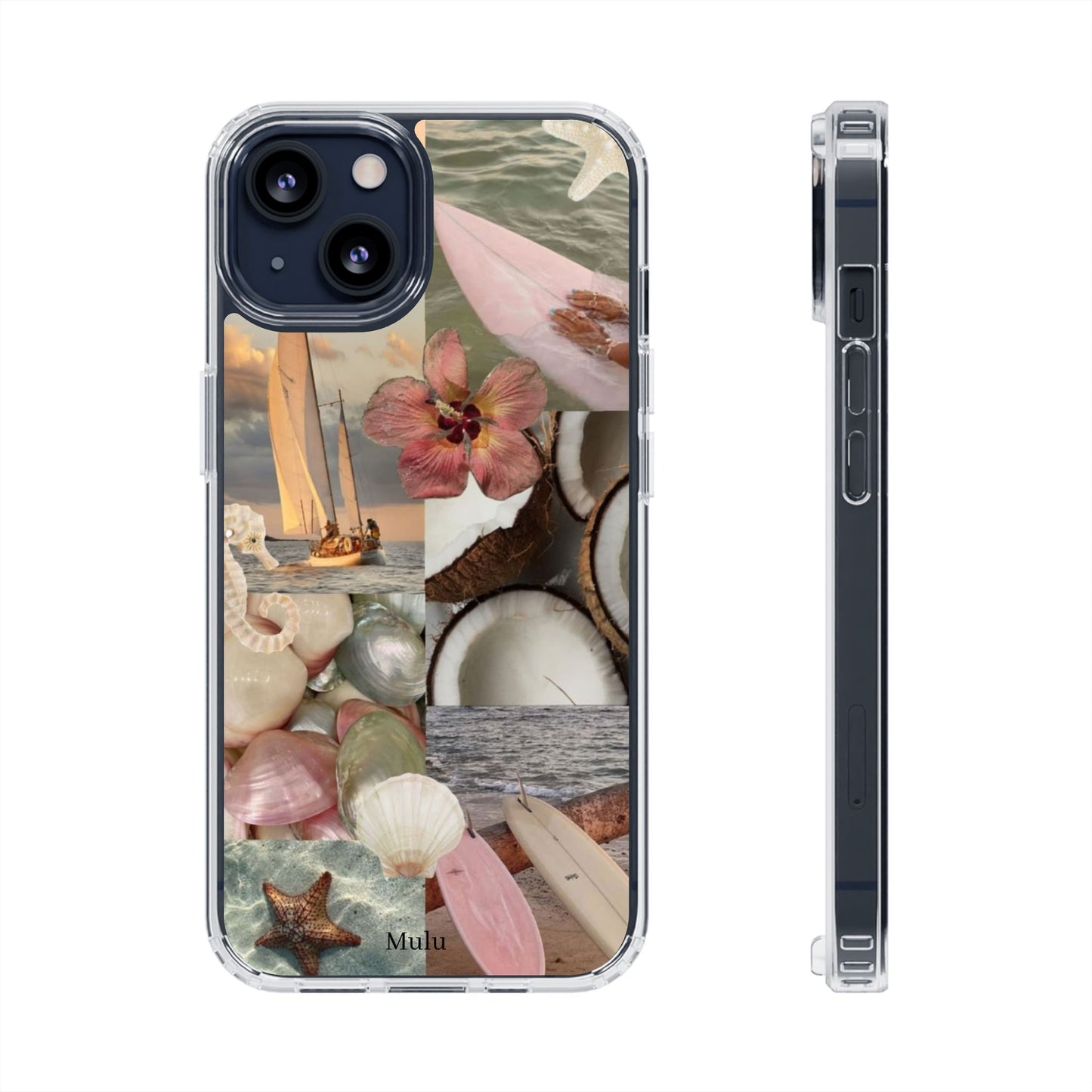 Clear Phone Case — Coastal Collage Shells & Surf Design