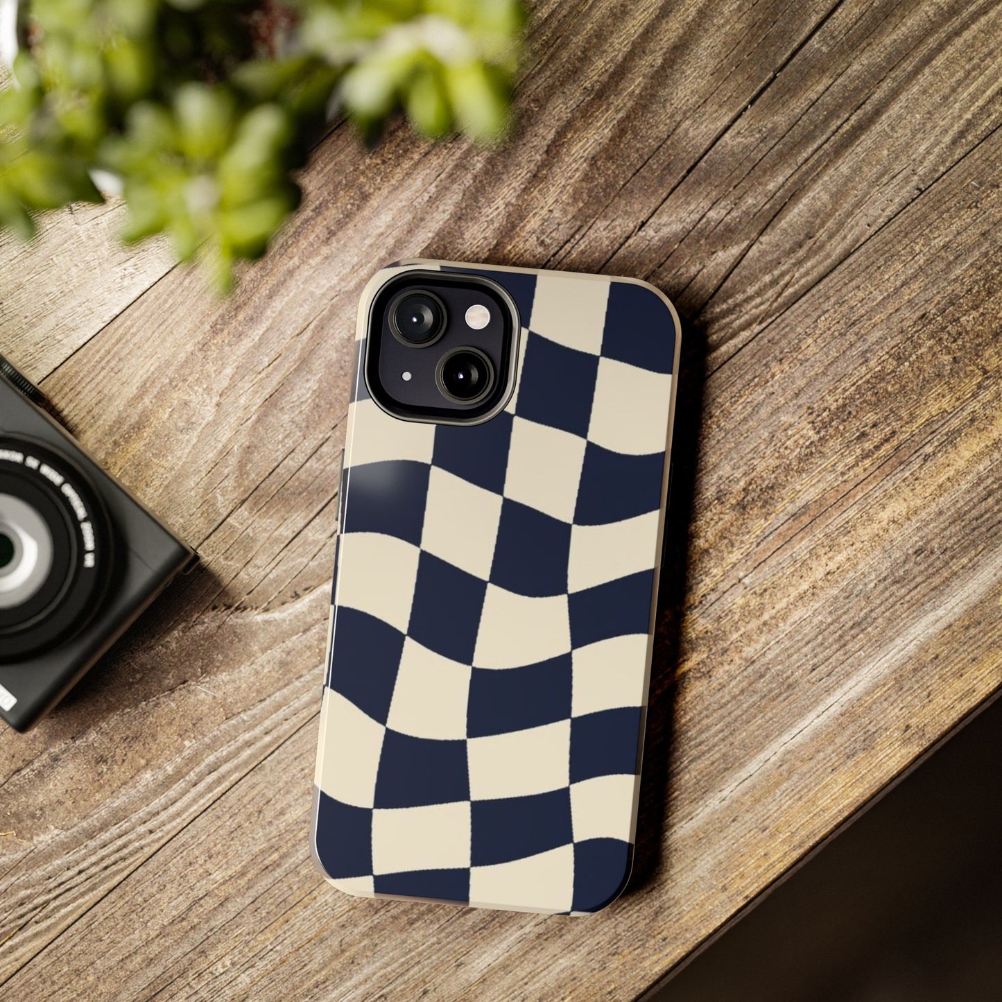 Wavy Checkerboard Tough Phone Case — Navy & Cream Protective Cover