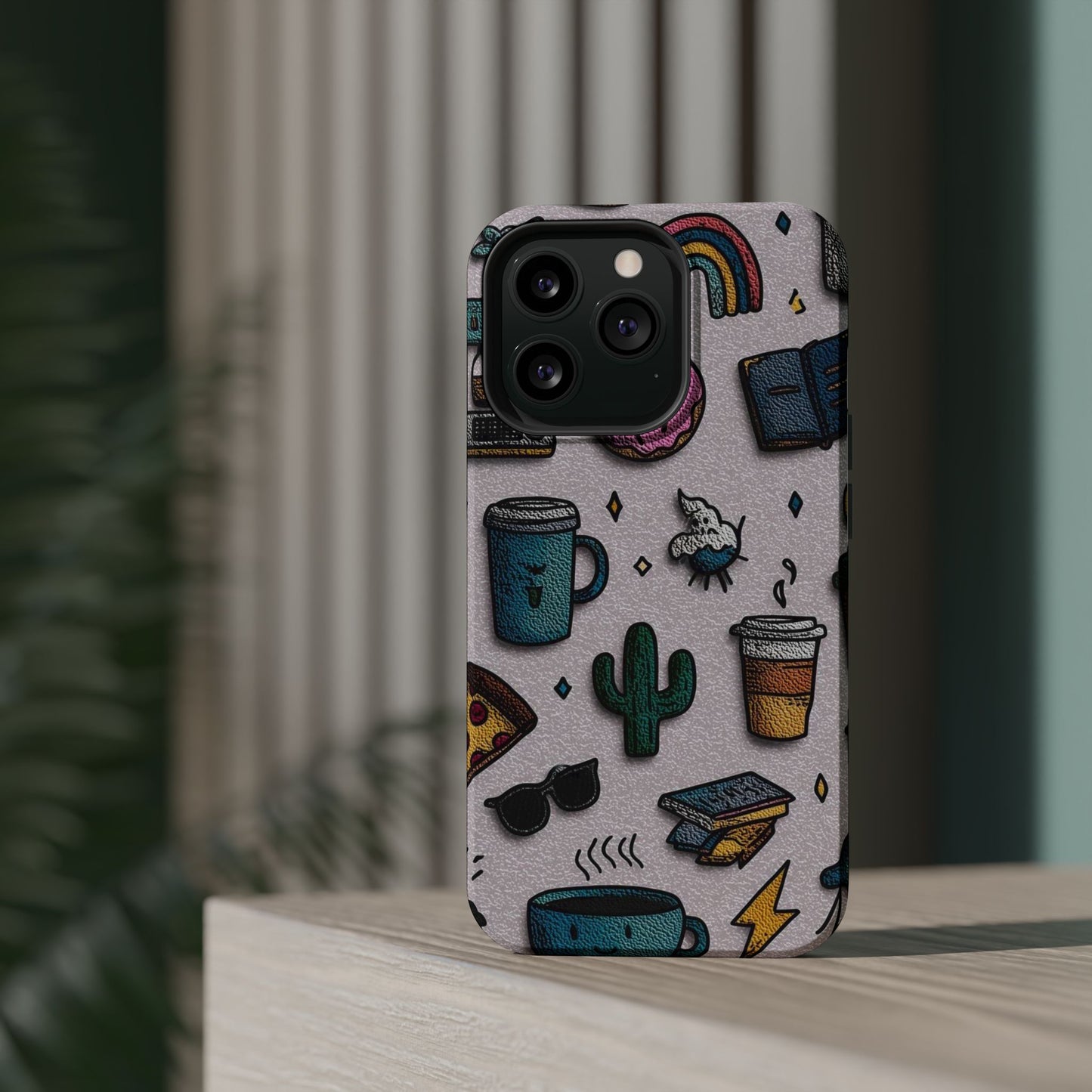 Cute Doodle Phone Case — Magnetic Impact-Resistant Design (coffee, rainbow, cactus)