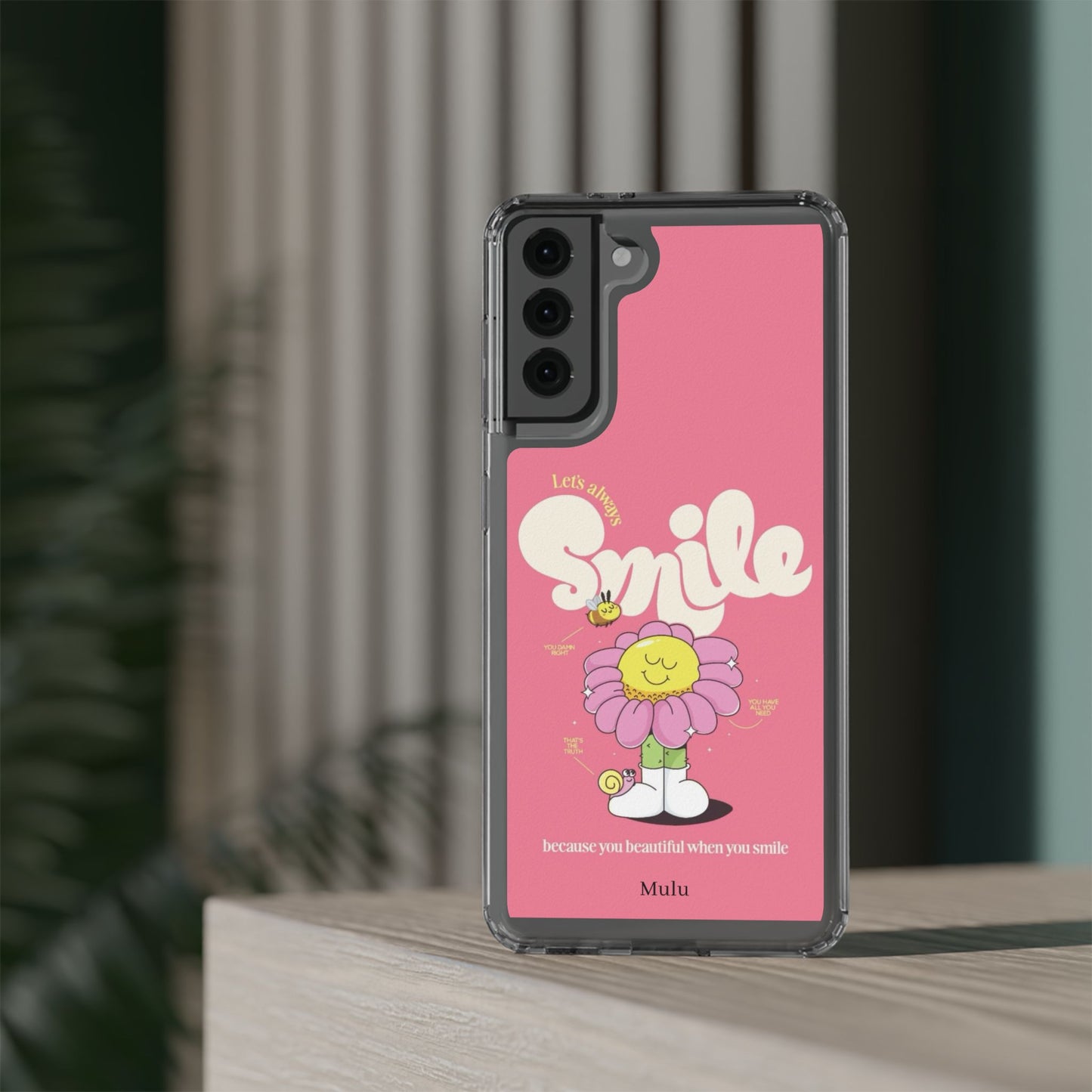 Clear Impact-Resistant Phone Case — Pink 'Smile' Flower Design