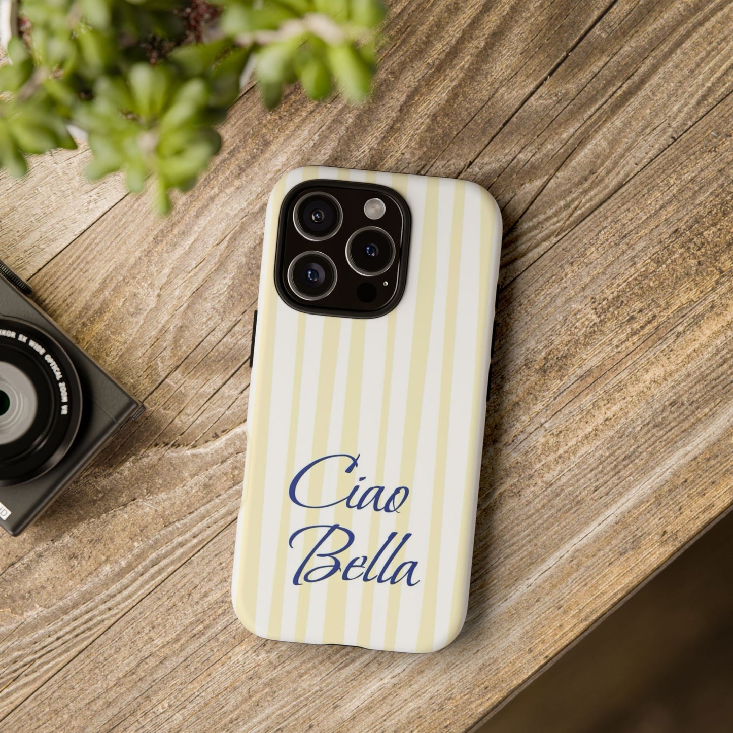 Ciao Bella Phone Case – Striped Elegant Italian Script Protective Cover