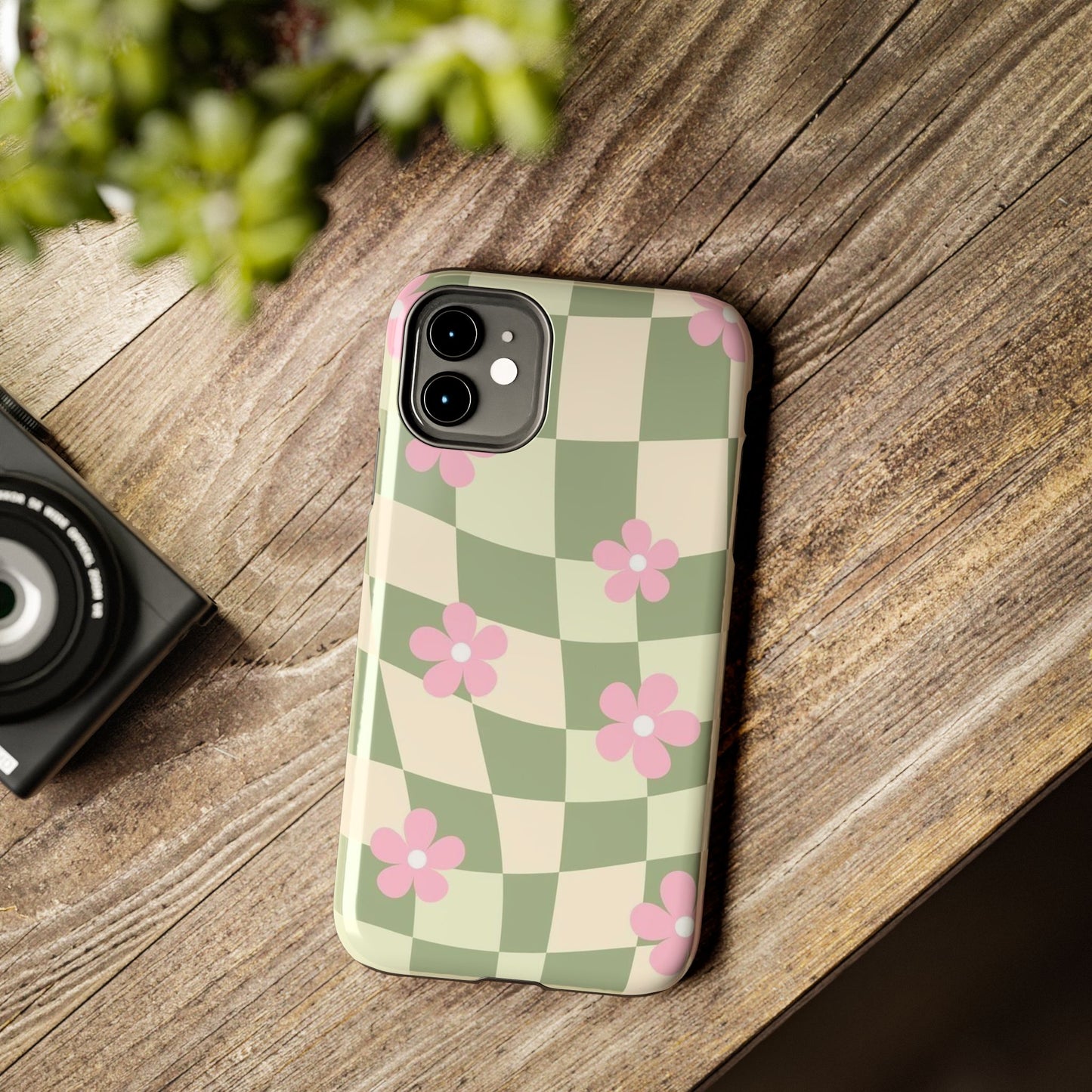 Tough Phone Case — Retro Green Checkerboard with Pink Flowers