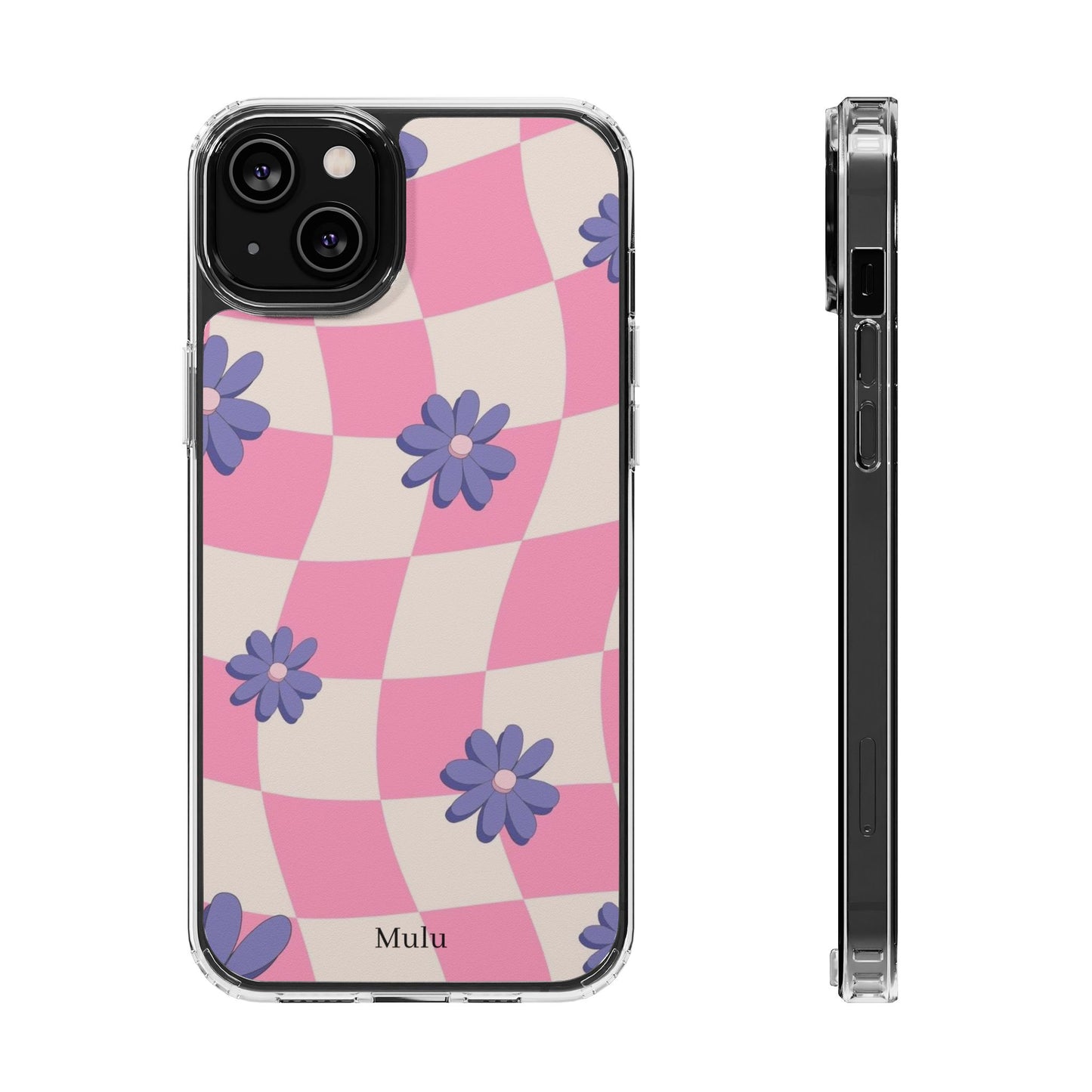 Clear Impact Phone Case — Pink Checkerboard with Purple Flowers