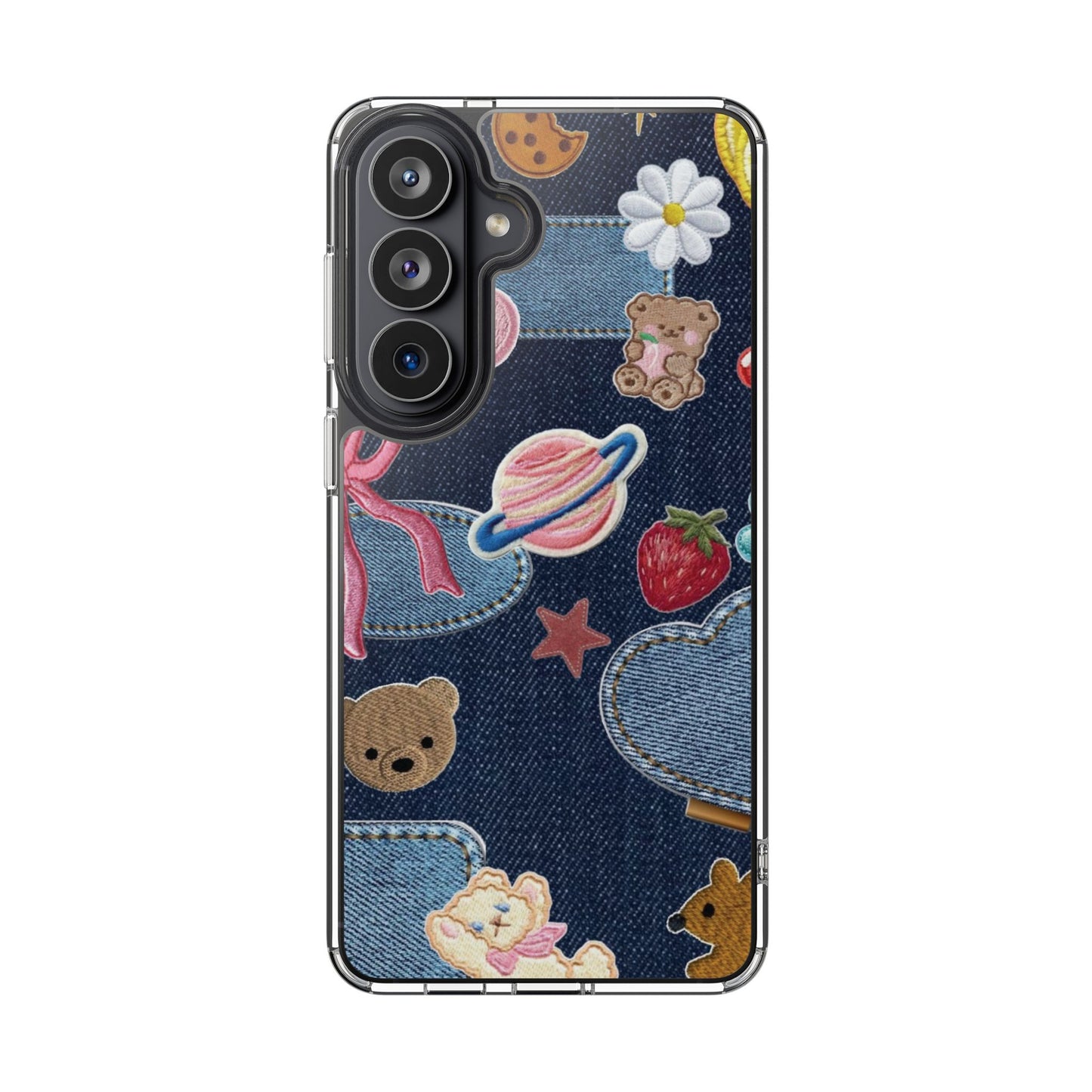 Clear Impact-Resistant Phone Case — Cute Denim Patch Collage (Teddy, Strawberry, Planet)