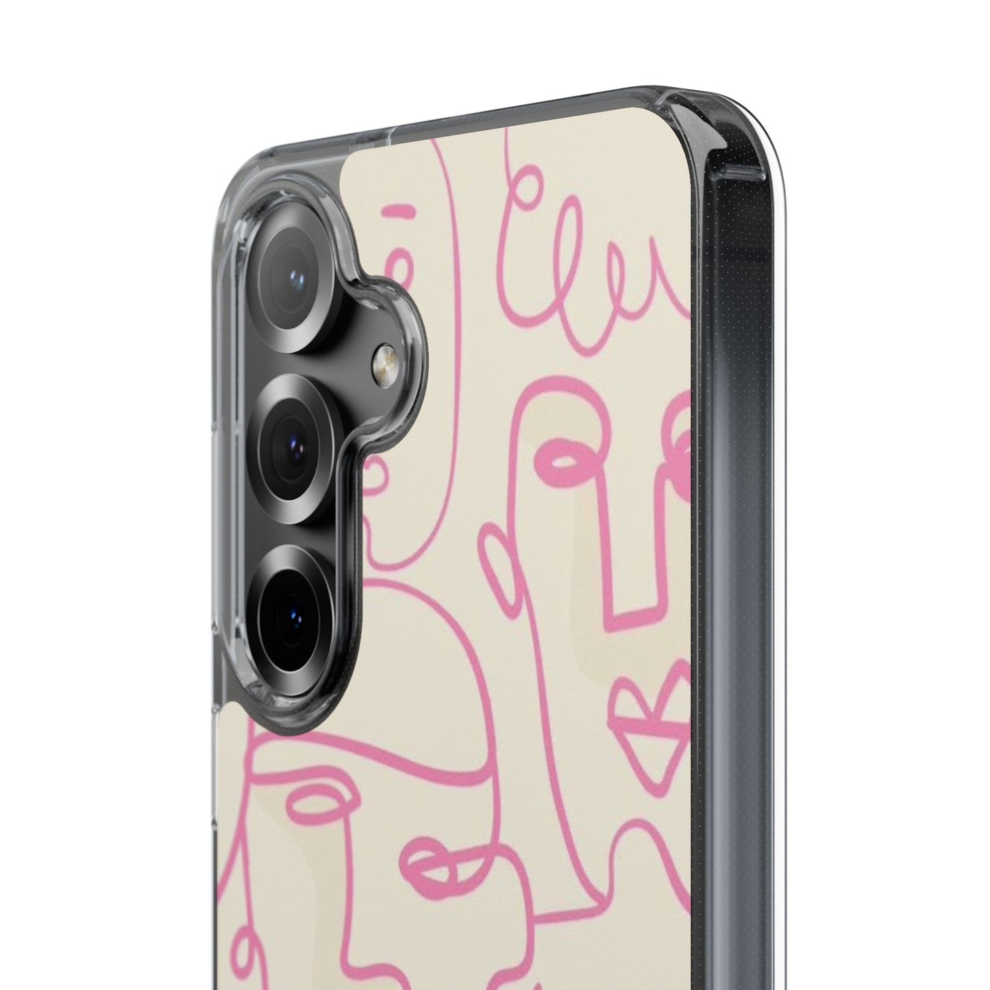 Clear Impact-Resistant Phone Case — Pink Minimalist Line Faces Design