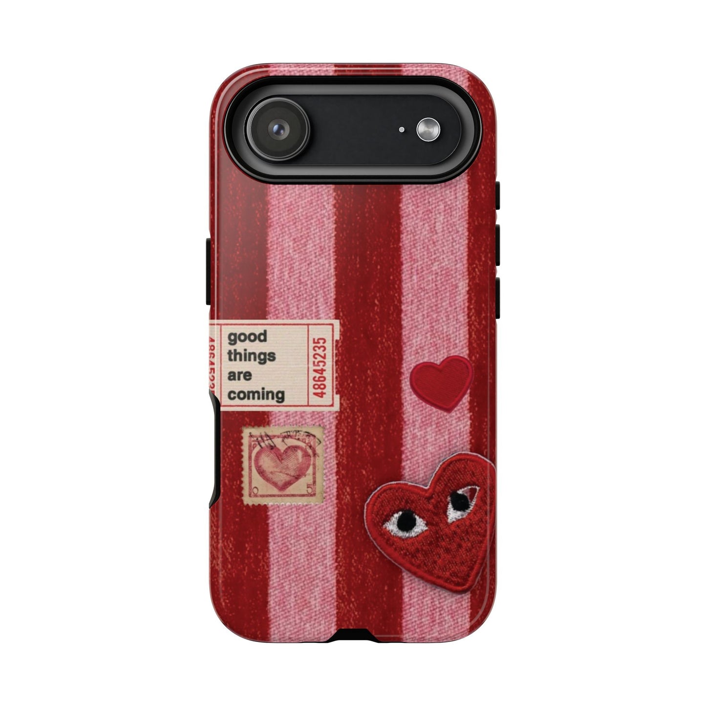 Phone Case — Red Striped Heart Design with “Good Things Are Coming”