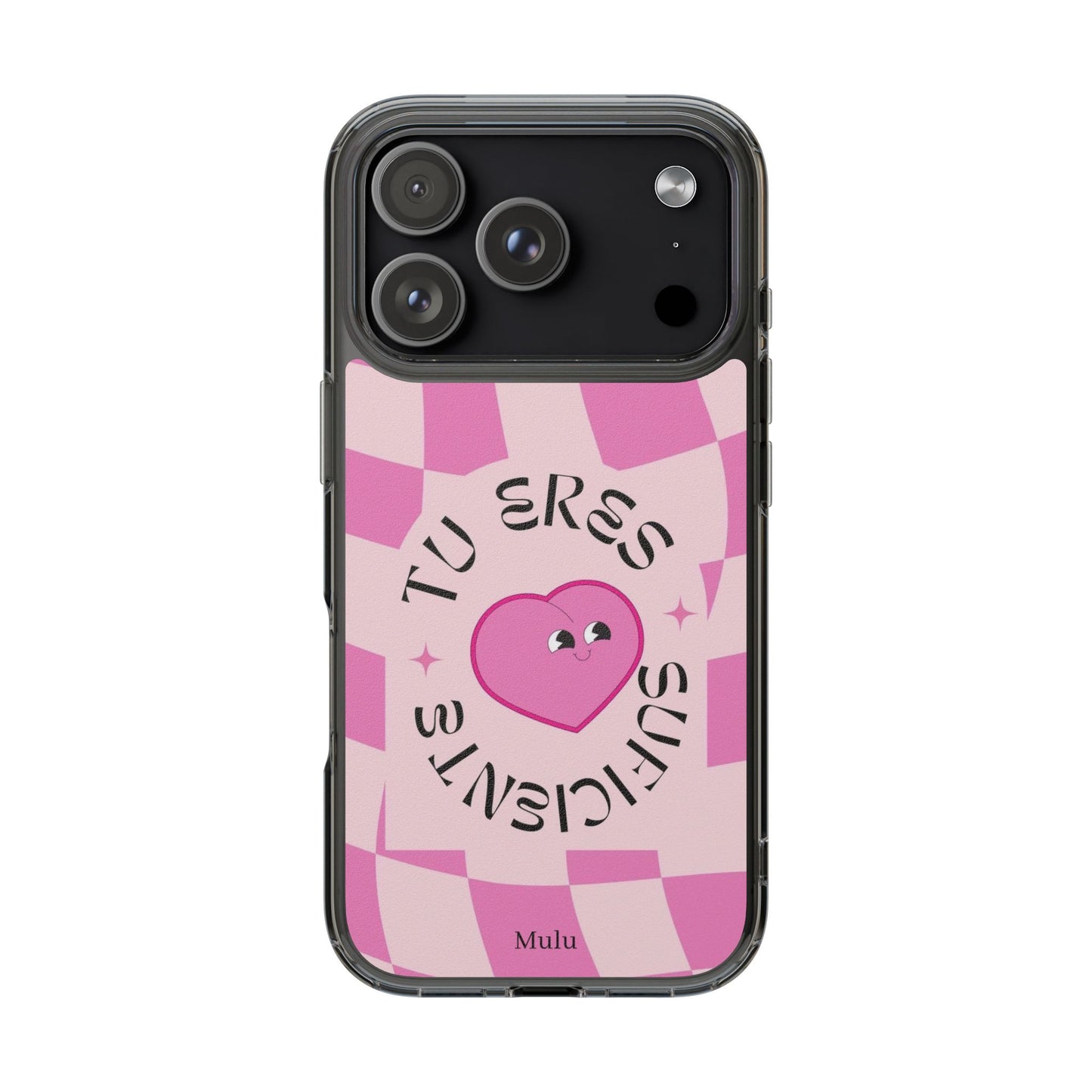 Clear Impact-Resistant Phone Case — Pink Checkerheart “Tu Eres Suficiente” Design