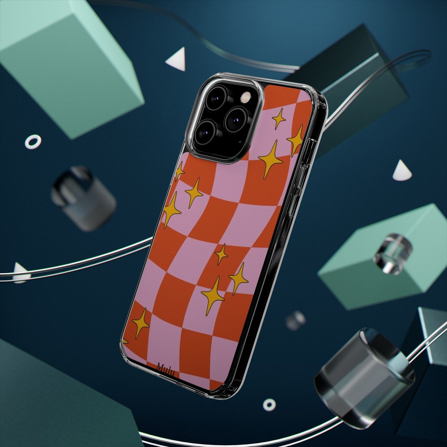 Clear Impact-Resistant Case — Retro Pink & Orange Checker with Sparkle Stars