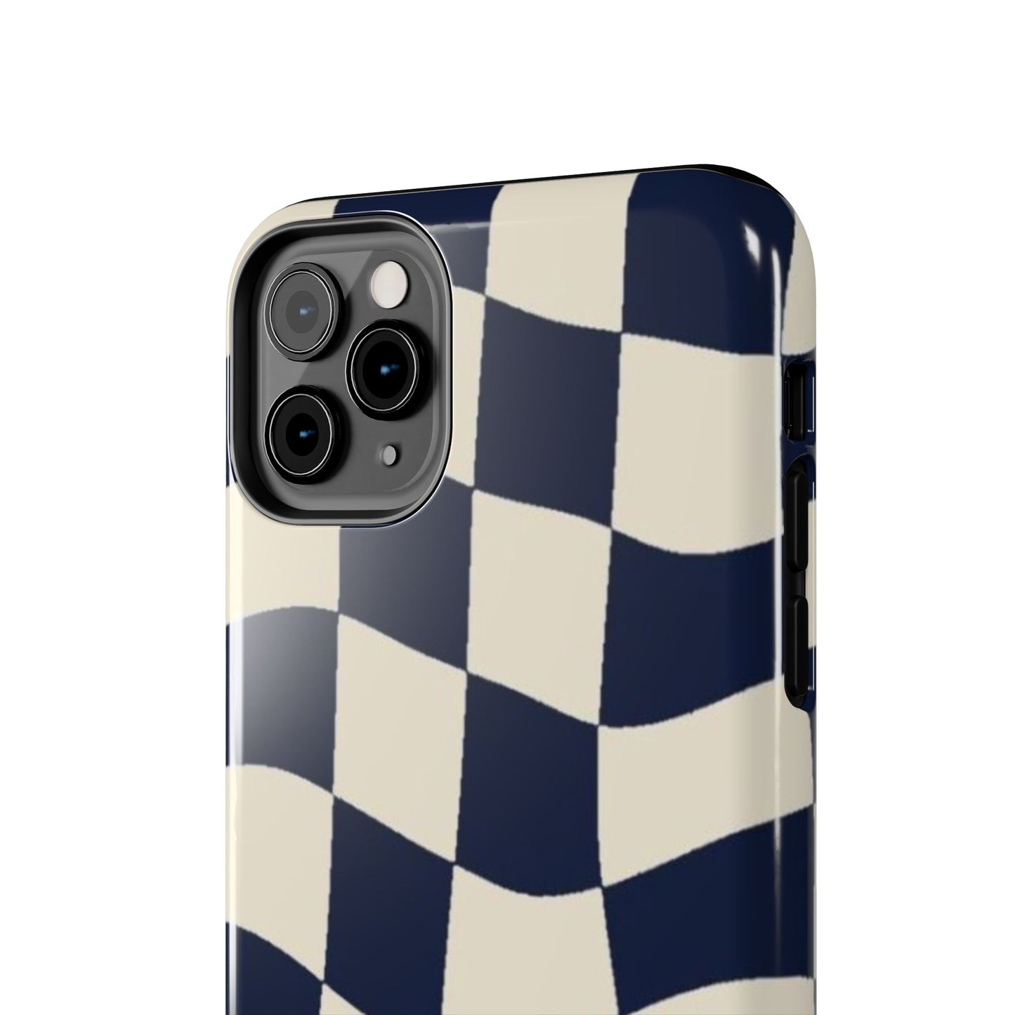Wavy Checkerboard Tough Phone Case — Navy & Cream Protective Cover