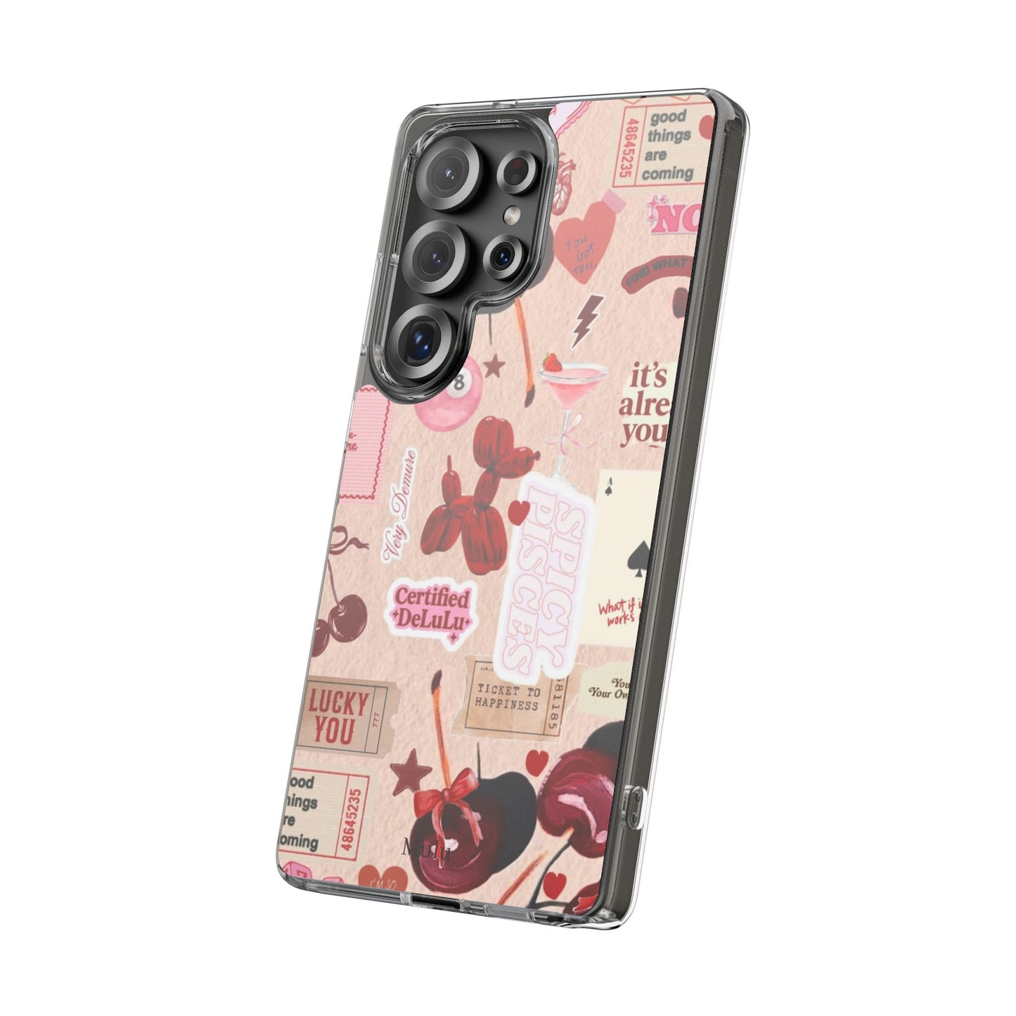 Clear Impact-Resistant Phone Case — Retro Cherry & Sticker Collage