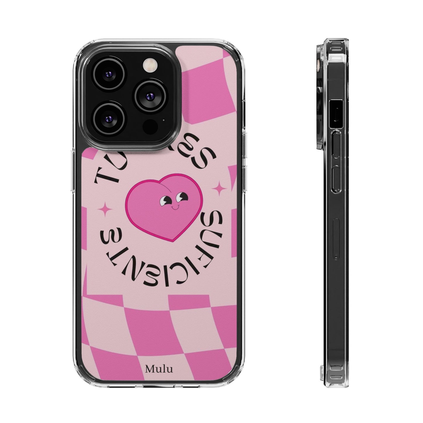 Clear Impact-Resistant Phone Case — Pink Checkerheart “Tu Eres Suficiente” Design