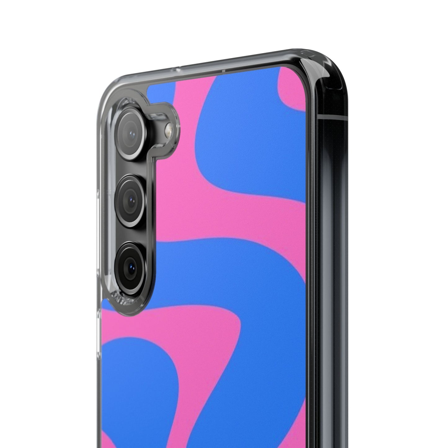 Clear Impact-Resistant Phone Case — Retro Blue & Pink Abstract Swirl