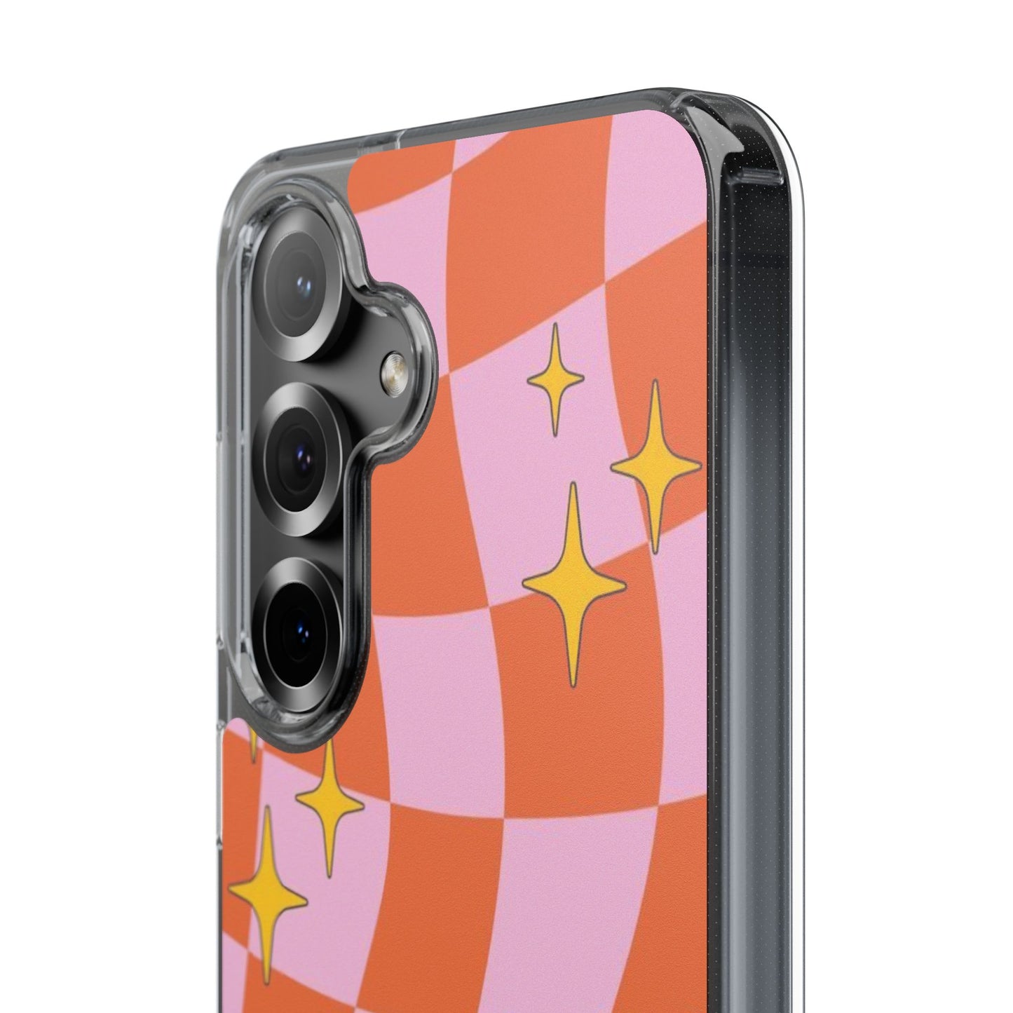 Clear Impact-Resistant Case — Retro Pink & Orange Checker with Sparkle Stars