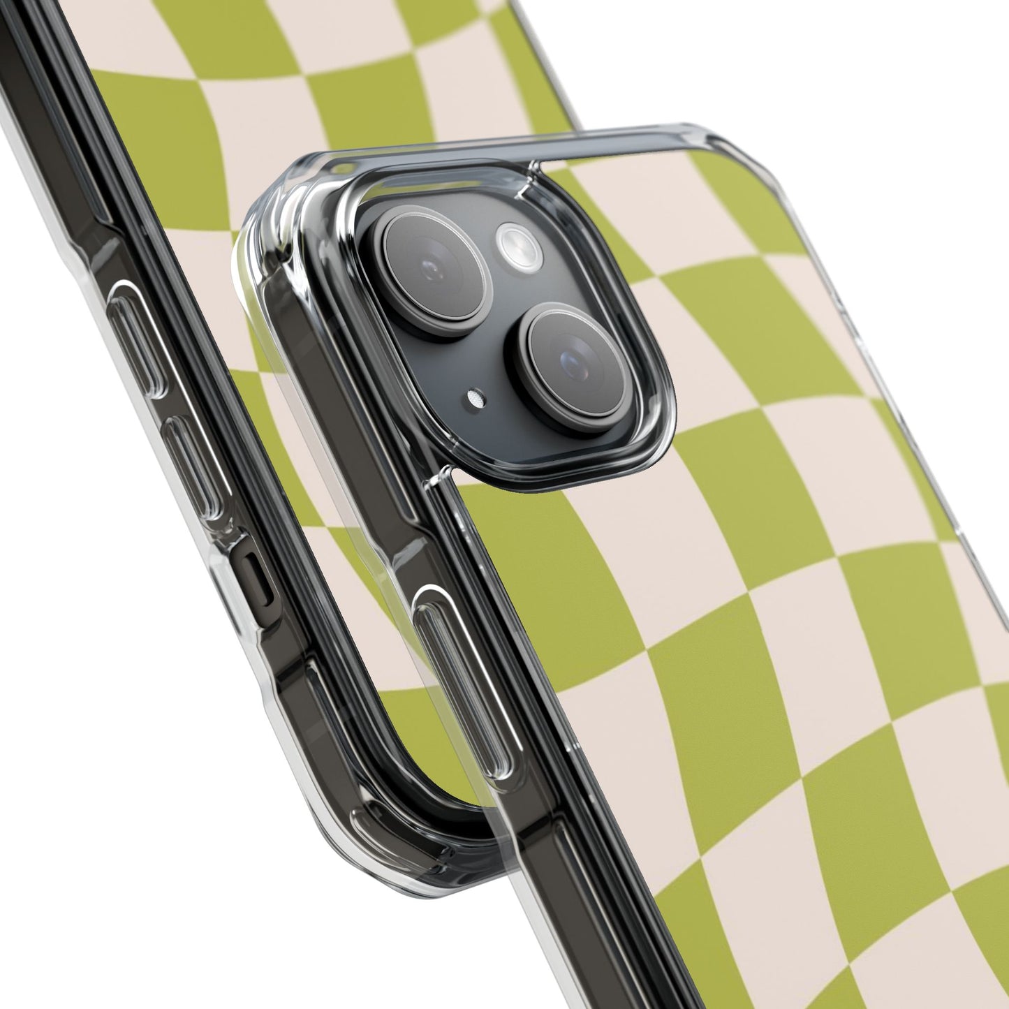 Clear Magnetic Phone Case — Olive Retro Check Pattern