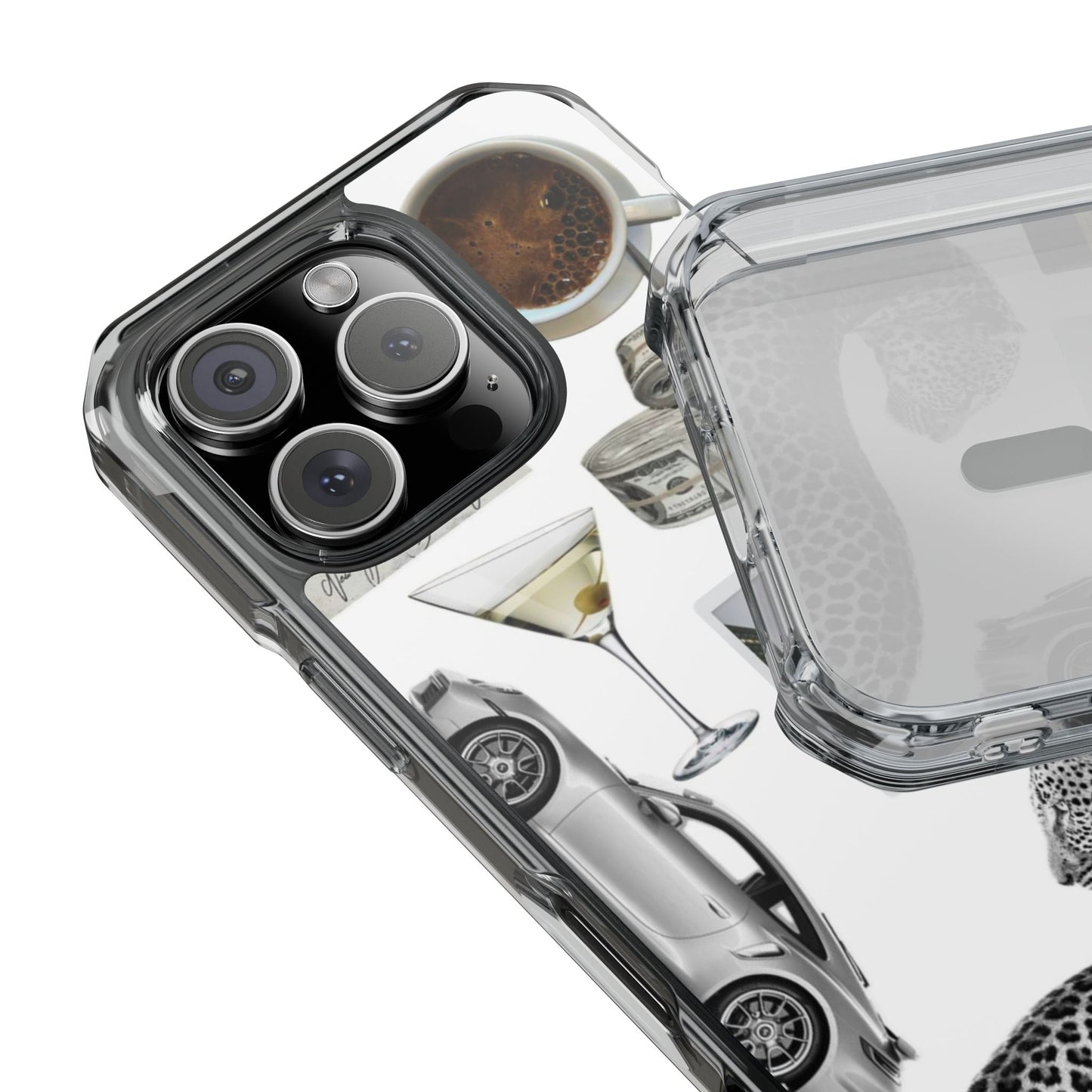 Clear Impact Phone Case — Luxe Collage (Leopard, Martini, Coffee & Vintage Car)