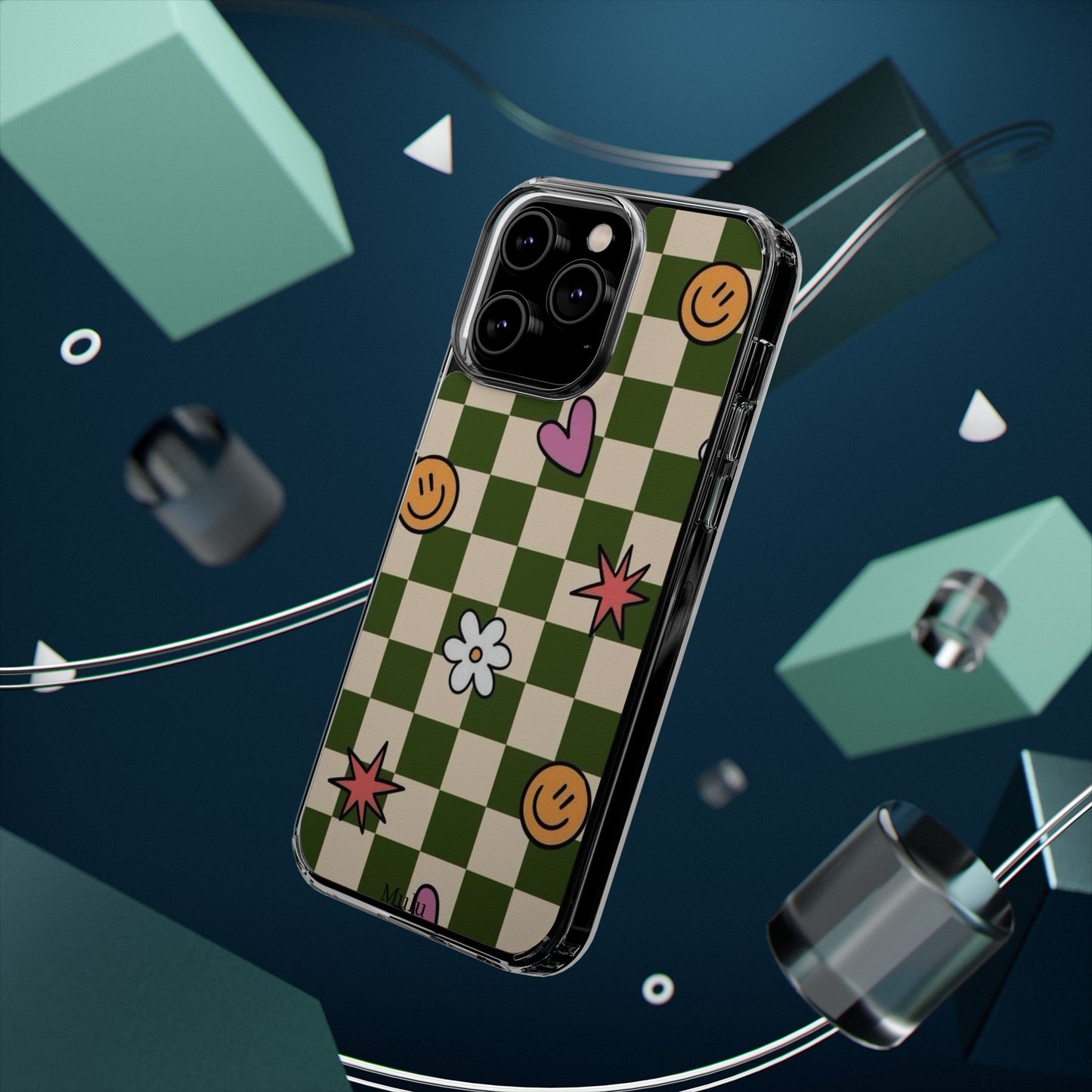 Clear Impact-Resistant Case — Retro Green Checkerboard with Smiley, Hearts & Flowers