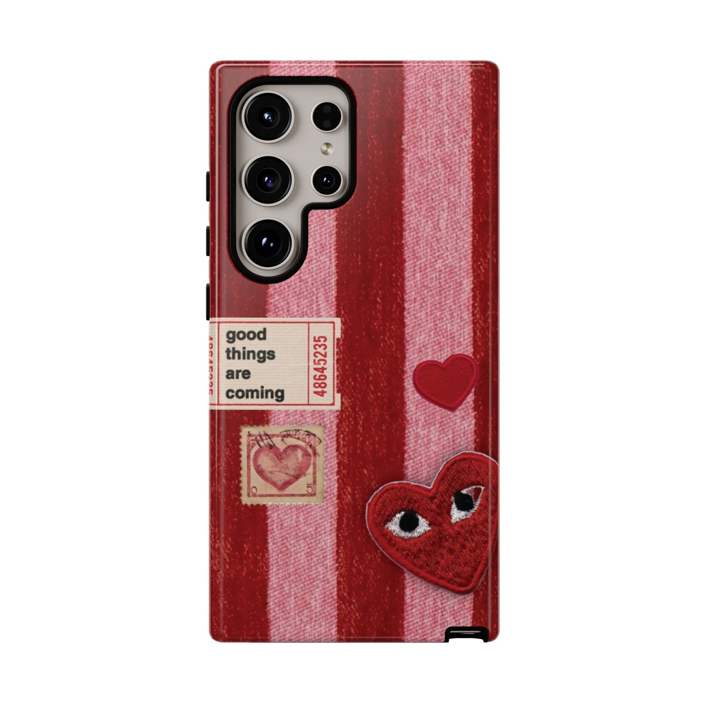 Phone Case — Red Striped Heart Design with “Good Things Are Coming”