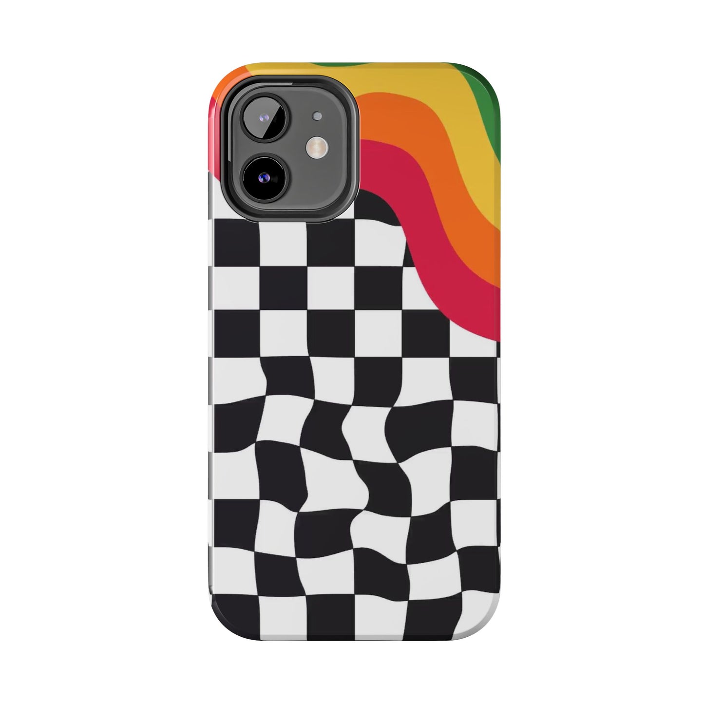 Retro Wavy Checkerboard Tough Phone Case — Rainbow Surf Skate Design