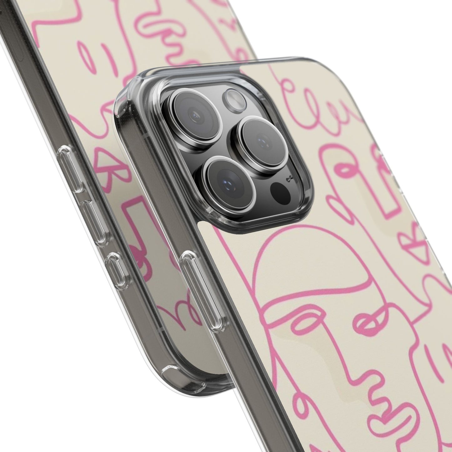 Clear Impact-Resistant Phone Case — Pink Minimalist Line Faces Design