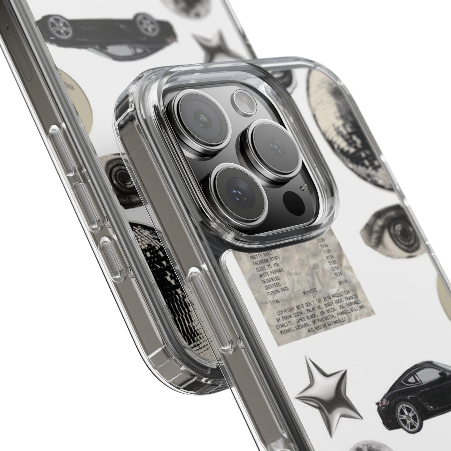 Clear Phone Case — Vintage Collage Stickers (Moon, Eye, Car, Cherries)