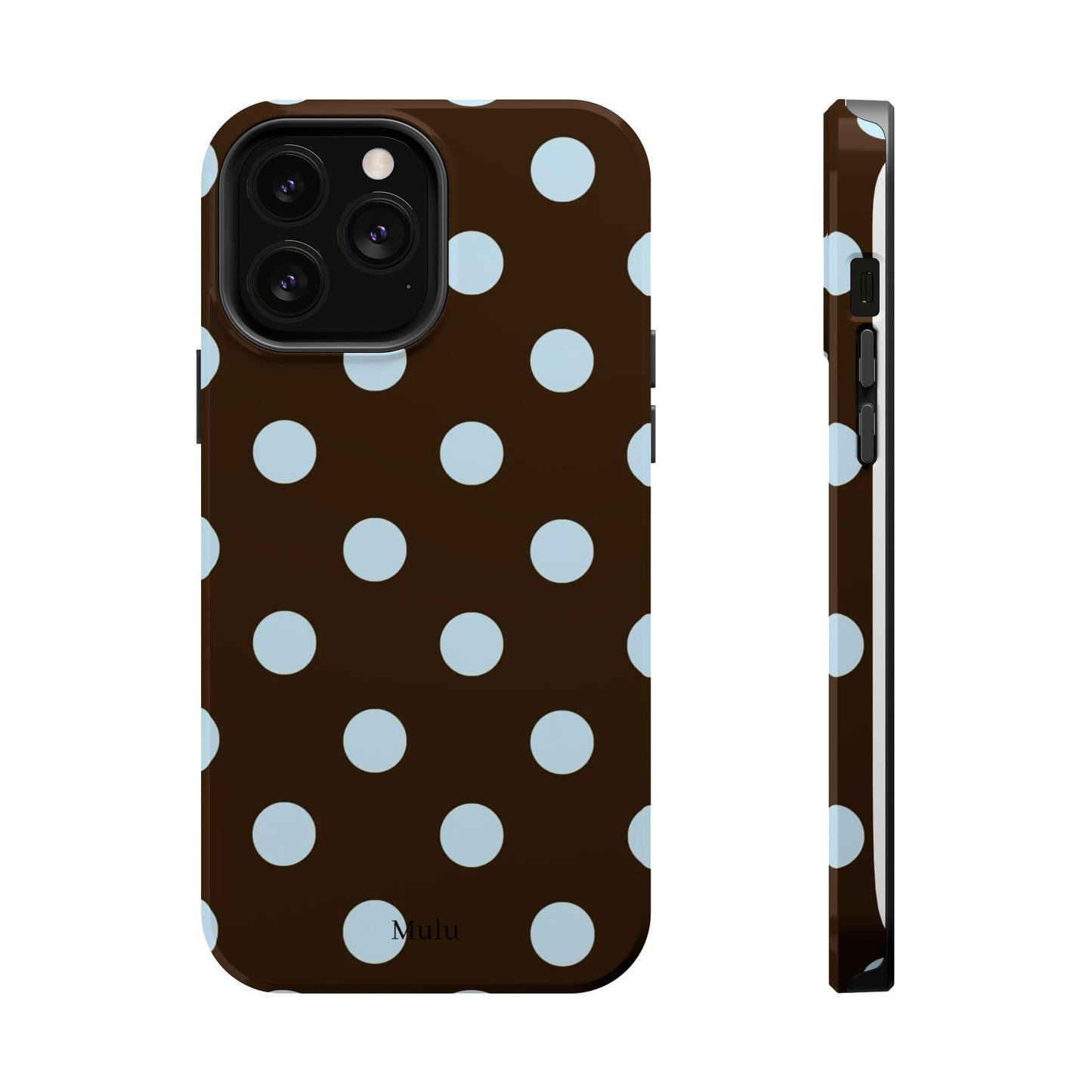 Polka Dot Magnetic Phone Case — Brown with Light Blue Dots, Impact-Resistant
