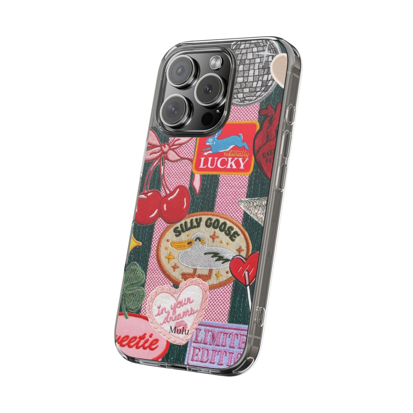 Clear Impact-Resistant Phone Case — Retro Patchwork Stickers (Lucky, Cherries, Silly Goose)