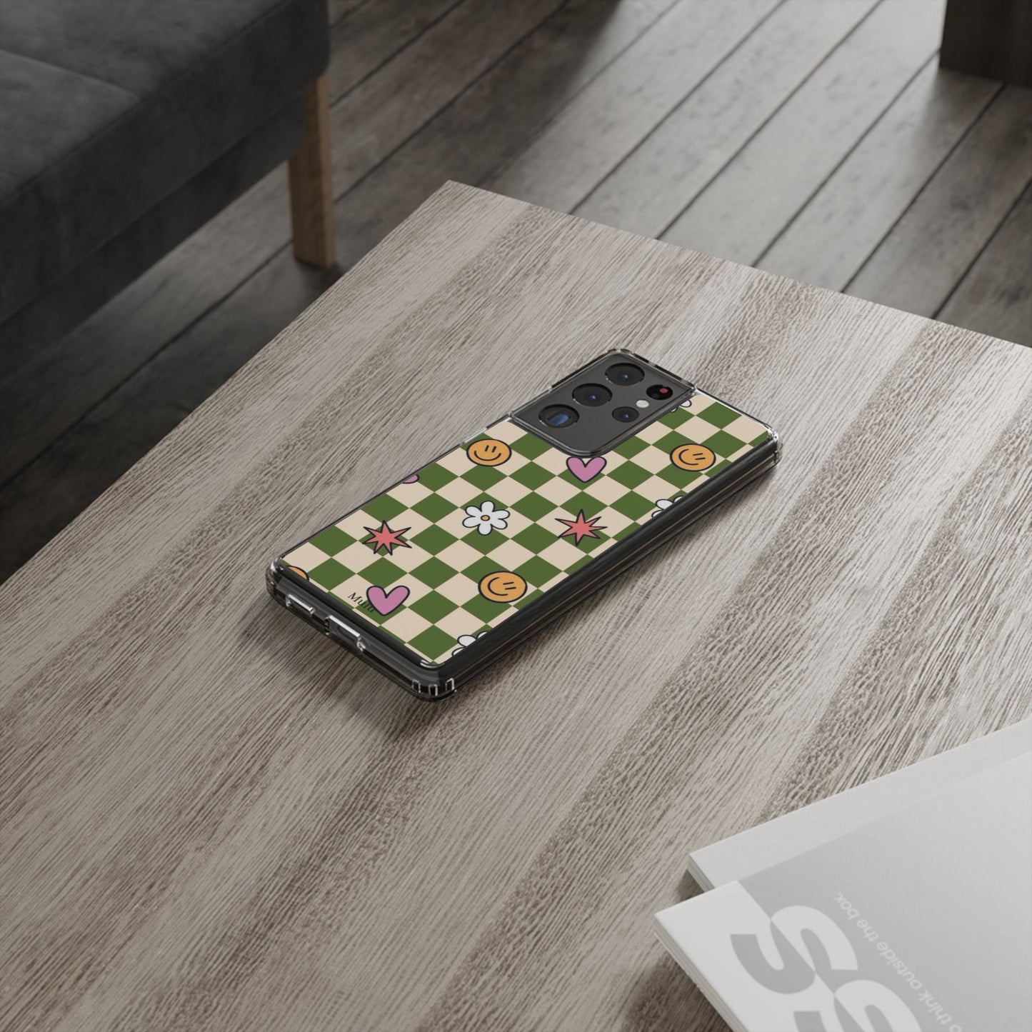 Clear Impact-Resistant Case — Retro Green Checkerboard with Smiley, Hearts & Flowers