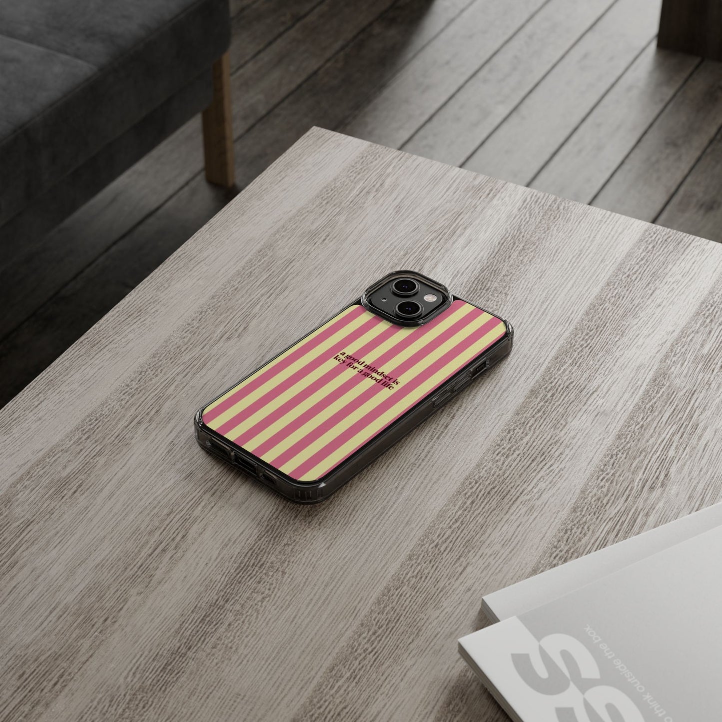 Striped Clear Phone Case — "A Good Mindset Is Key for a Good Life" Motivational iPhone Case