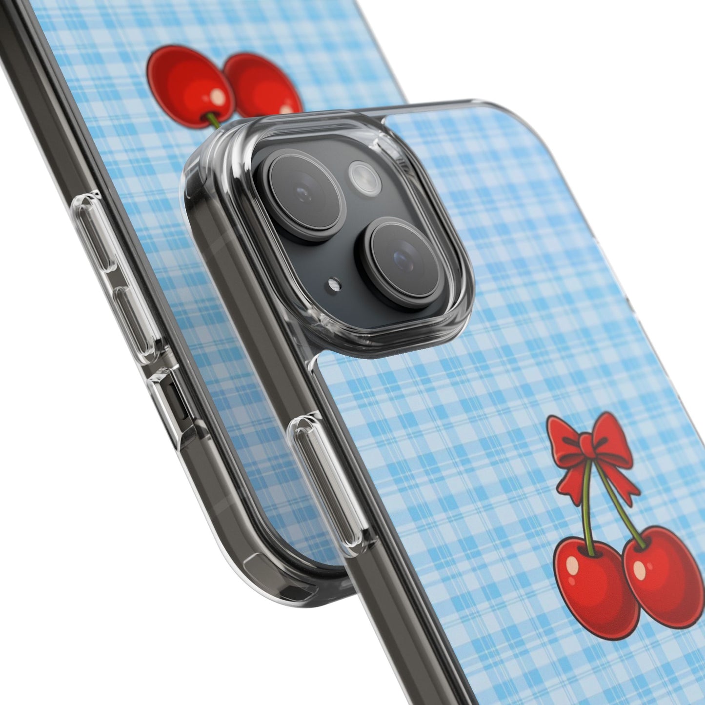 Clear Cherry Gingham Phone Case — Impact-Resistant Clear Case with Red Cherry Design
