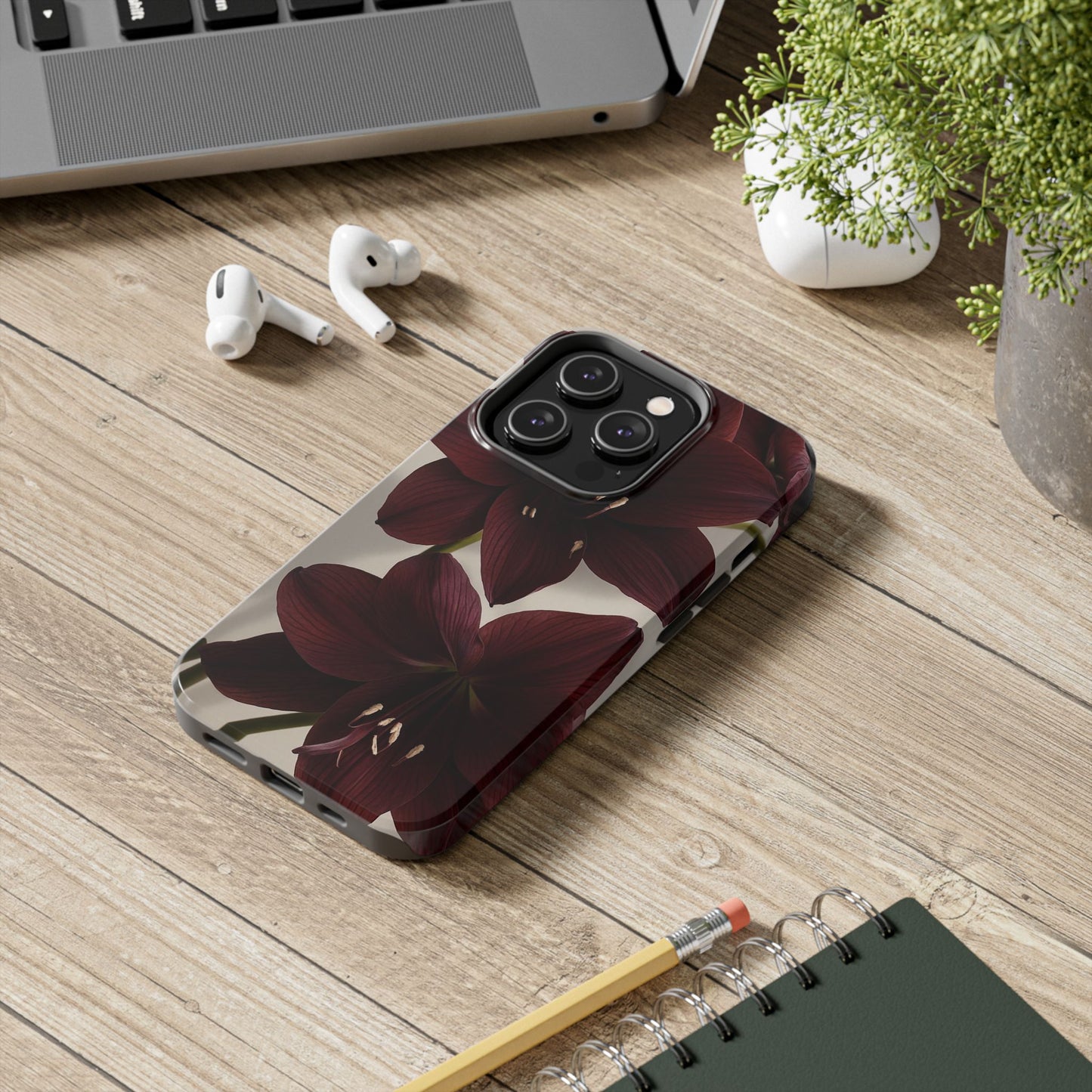 Amaryllis Noir Tough Phone Case — Dark Burgundy Floral Protective Cover
