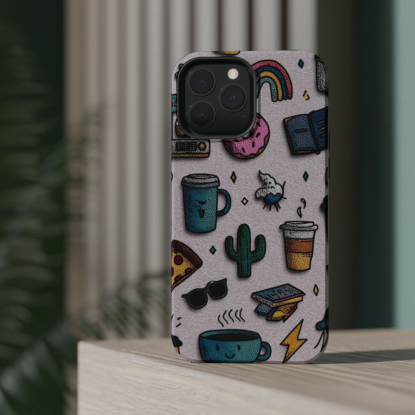 Cute Doodle Phone Case — Magnetic Impact-Resistant Design (coffee, rainbow, cactus)