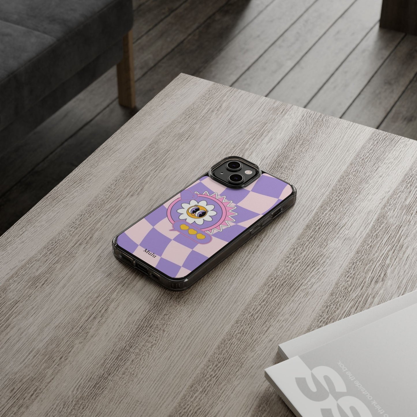 Clear Impact-Resistant Case — Cute Purple Checkerboard Dino with 'Mulu'