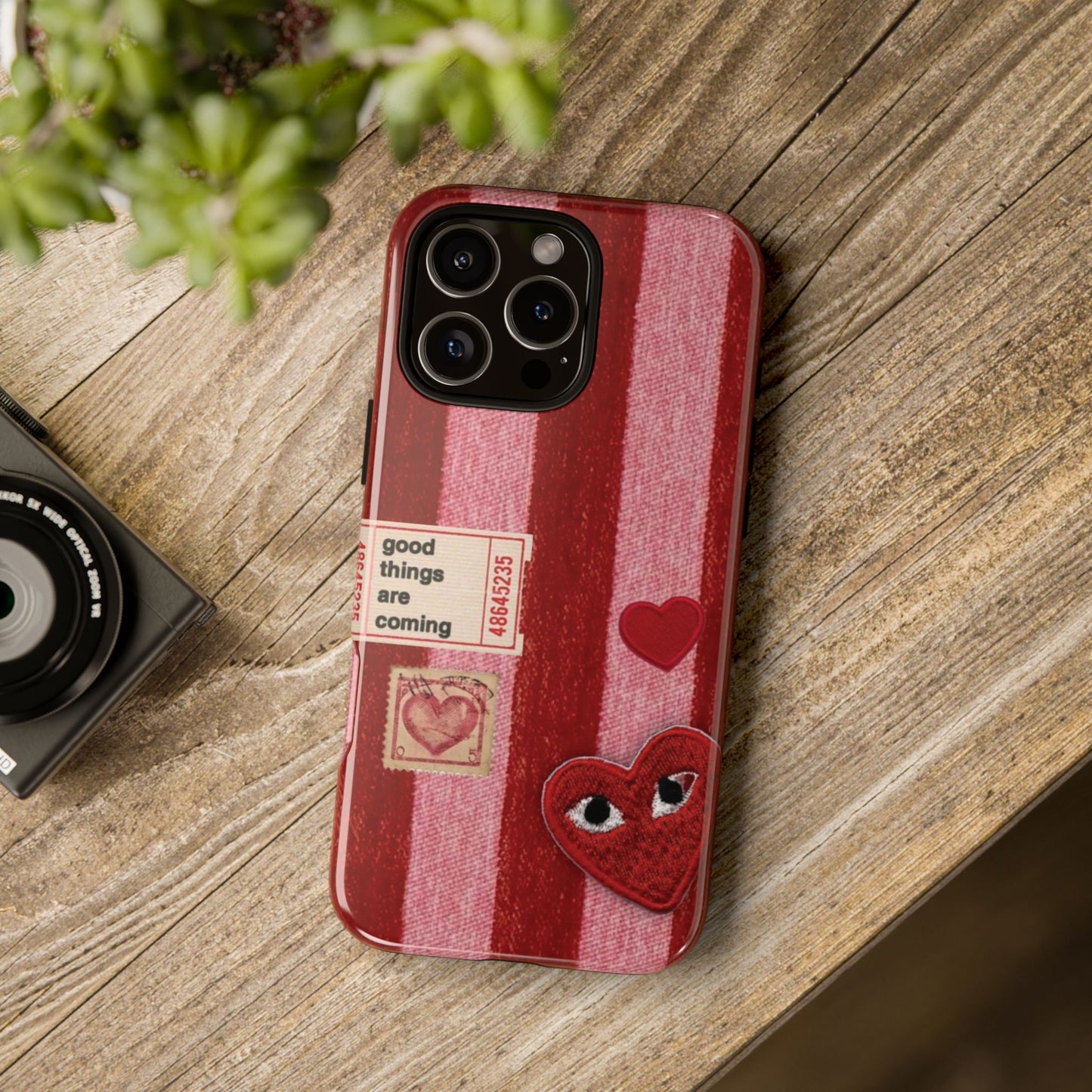 Phone Case — Red Striped Heart Design with “Good Things Are Coming”