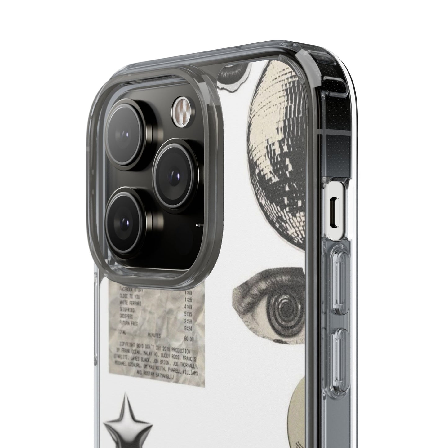 Clear Phone Case — Vintage Collage Stickers (Moon, Eye, Car, Cherries)