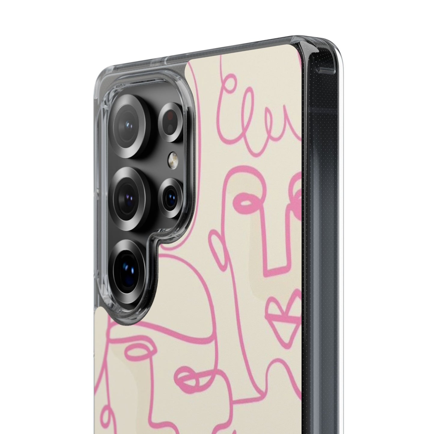 Clear Impact-Resistant Phone Case — Pink Minimalist Line Faces Design