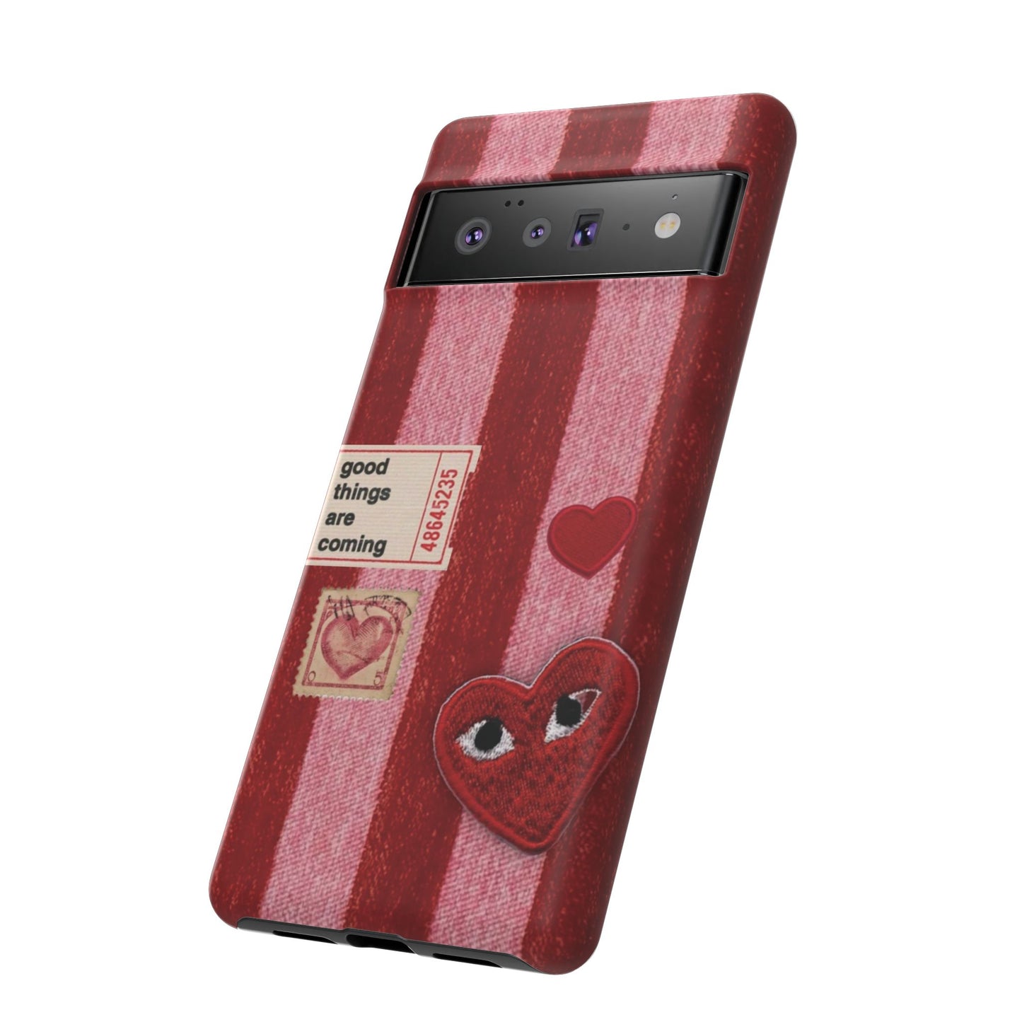 Phone Case — Red Striped Heart Design with “Good Things Are Coming”