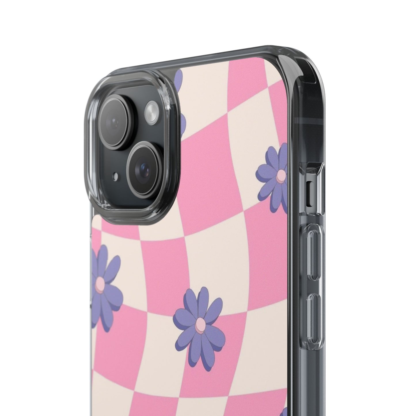 Clear Impact Phone Case — Pink Checkerboard with Purple Flowers