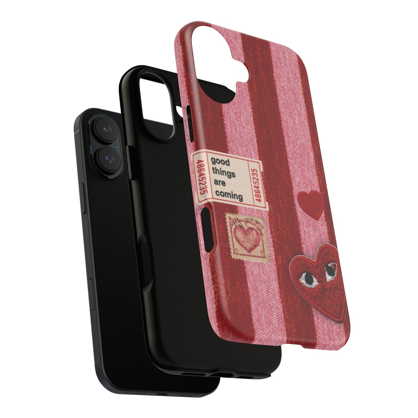 Phone Case — Red Striped Heart Design with “Good Things Are Coming”