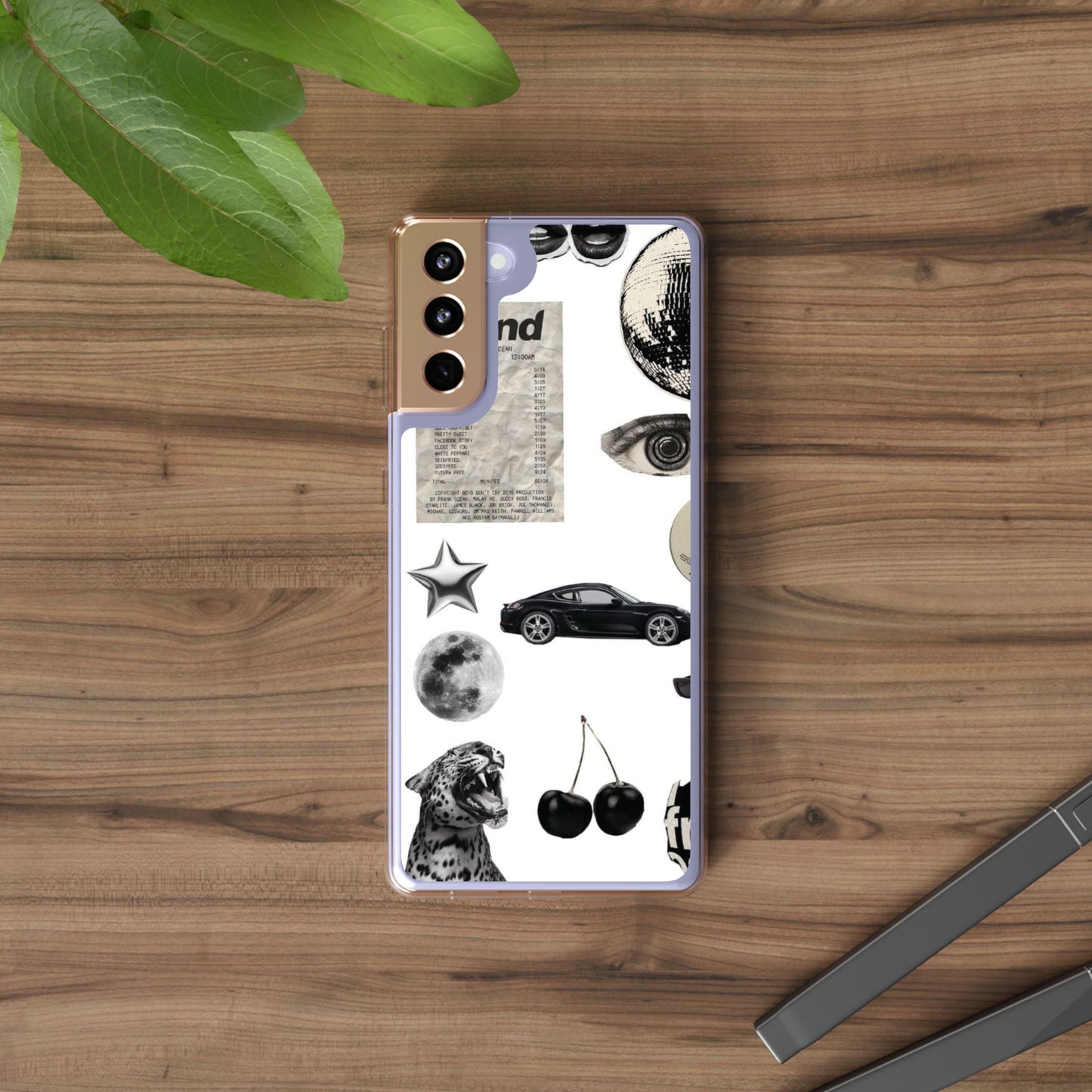 Clear Phone Case — Vintage Collage Stickers (Moon, Eye, Car, Cherries)