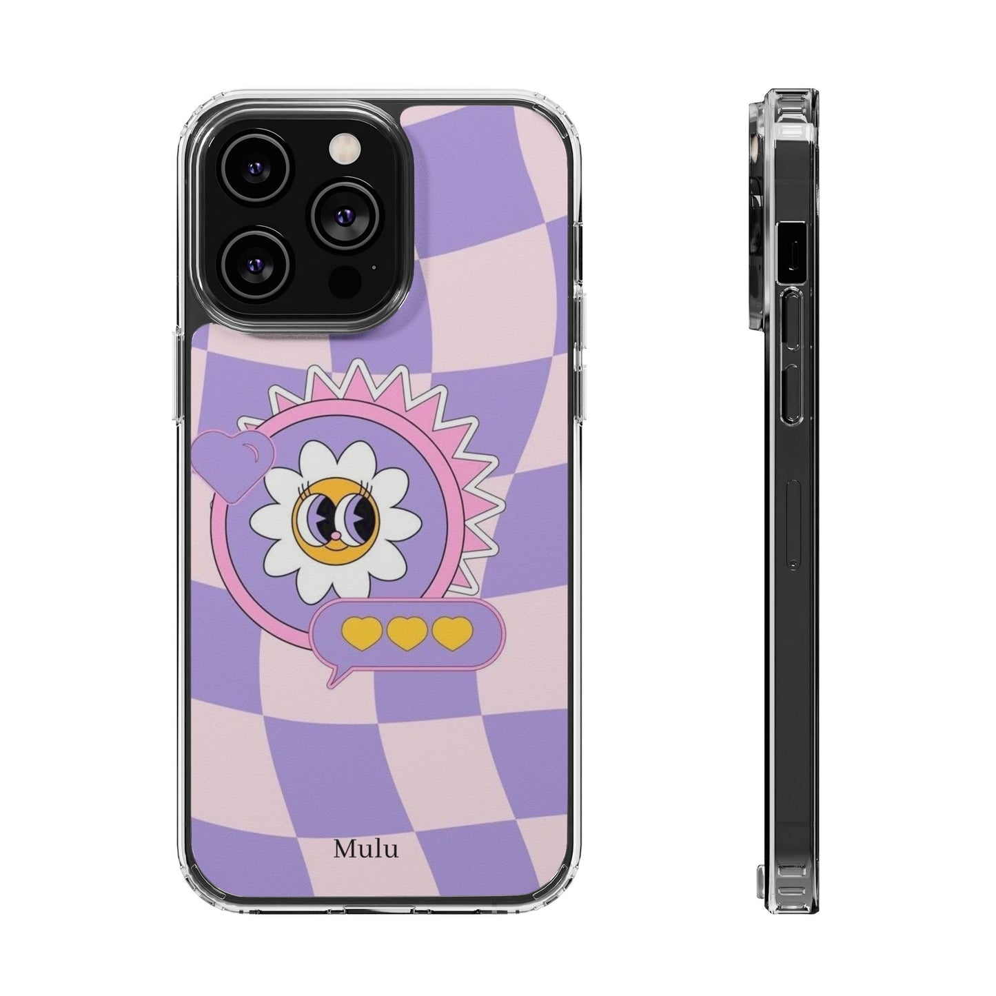 Clear Impact-Resistant Case — Cute Purple Checkerboard Dino with 'Mulu'
