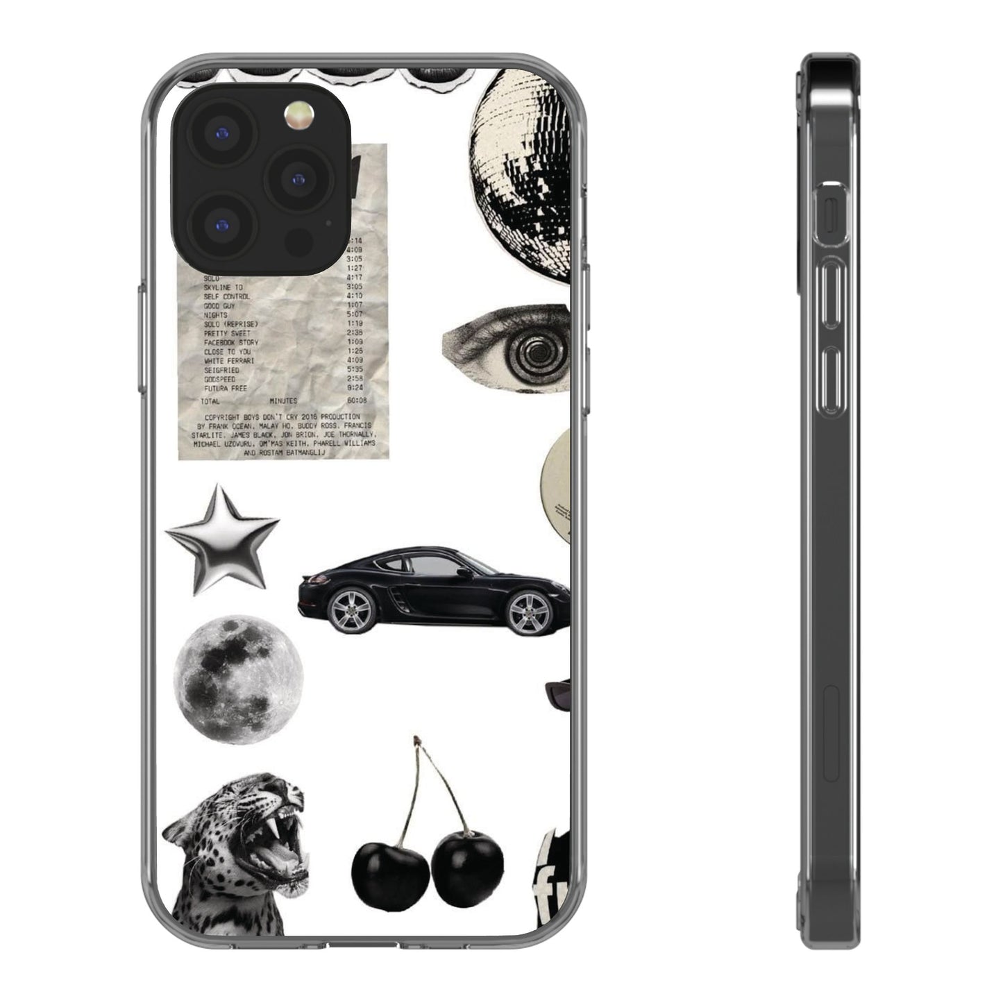 Clear Phone Case — Vintage Collage Stickers (Moon, Eye, Car, Cherries)
