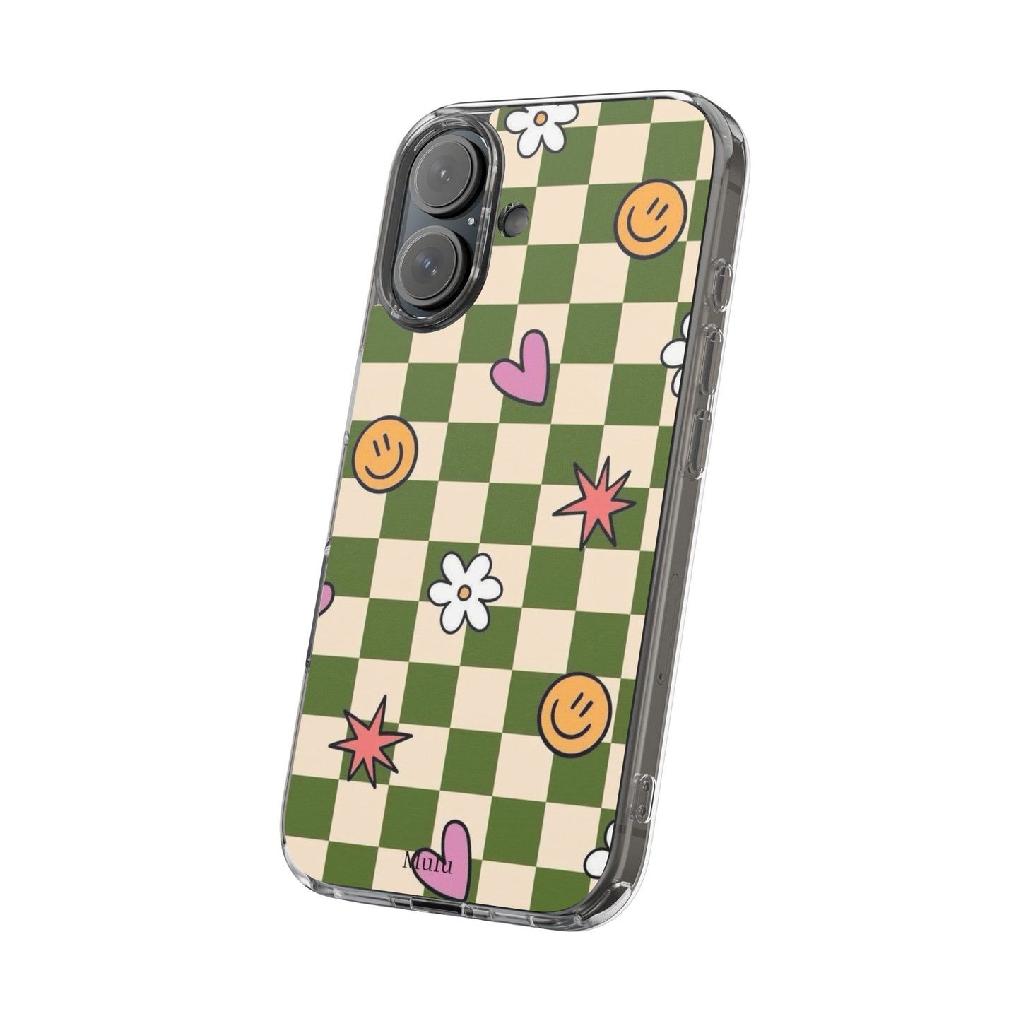 Clear Impact-Resistant Case — Retro Green Checkerboard with Smiley, Hearts & Flowers