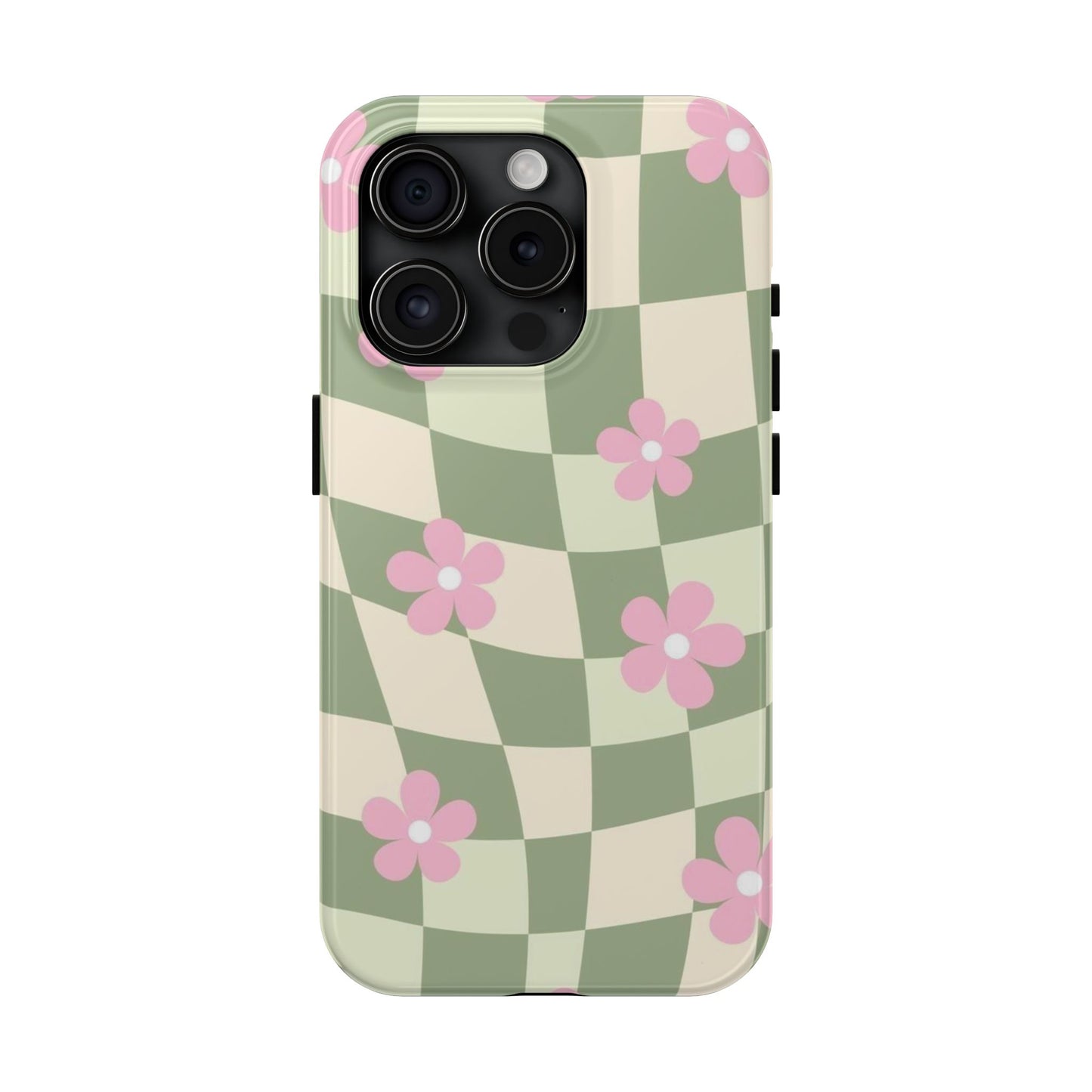 Tough Phone Case — Retro Green Checkerboard with Pink Flowers