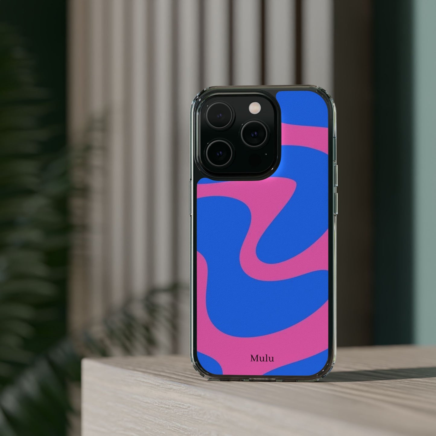 Clear Impact-Resistant Phone Case — Retro Blue & Pink Abstract Swirl