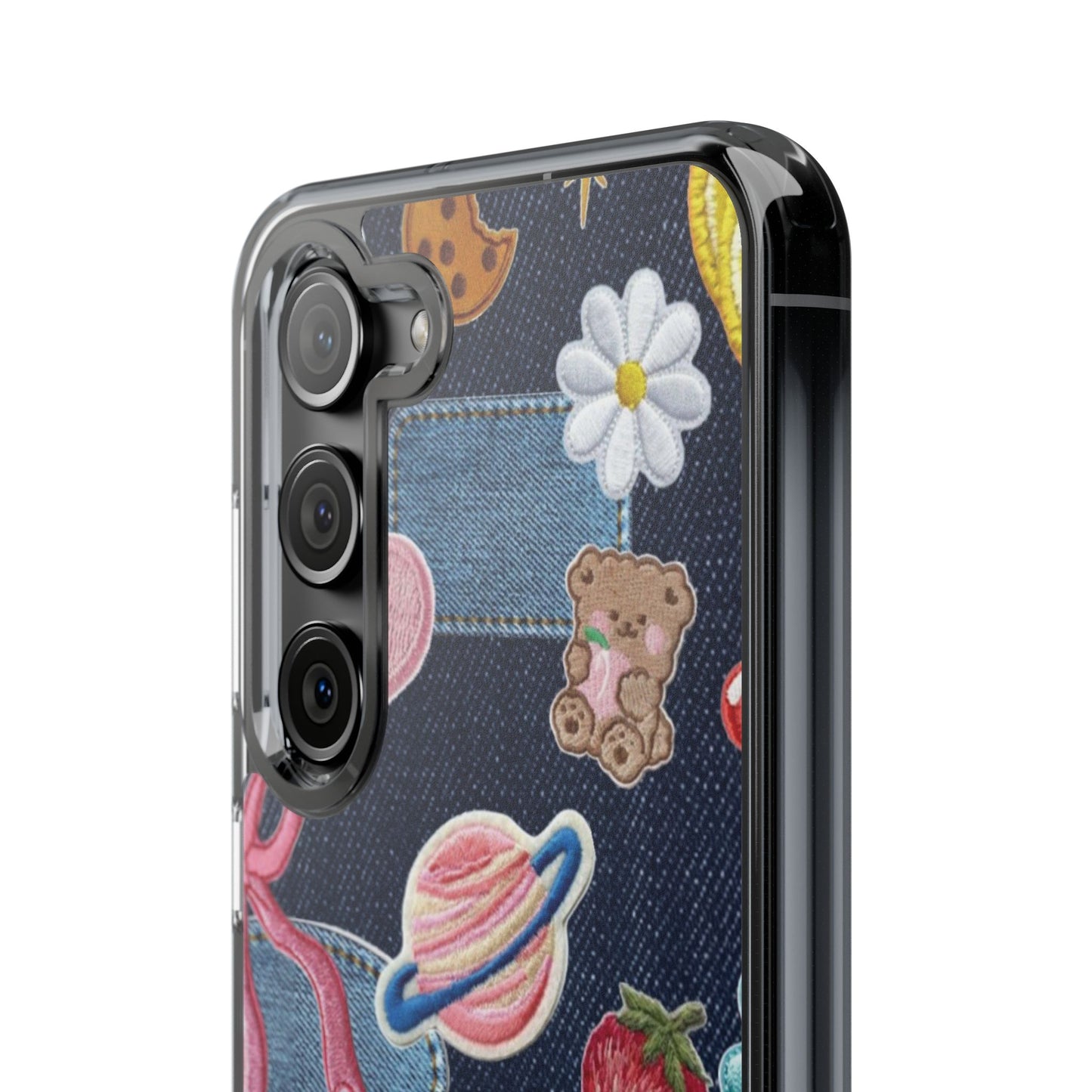 Clear Impact-Resistant Phone Case — Cute Denim Patch Collage (Teddy, Strawberry, Planet)
