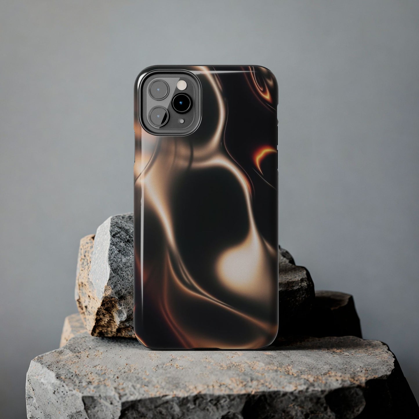 Abstract Liquid Glow Tough Phone Case — Black & Bronze Swirl Protective Cover