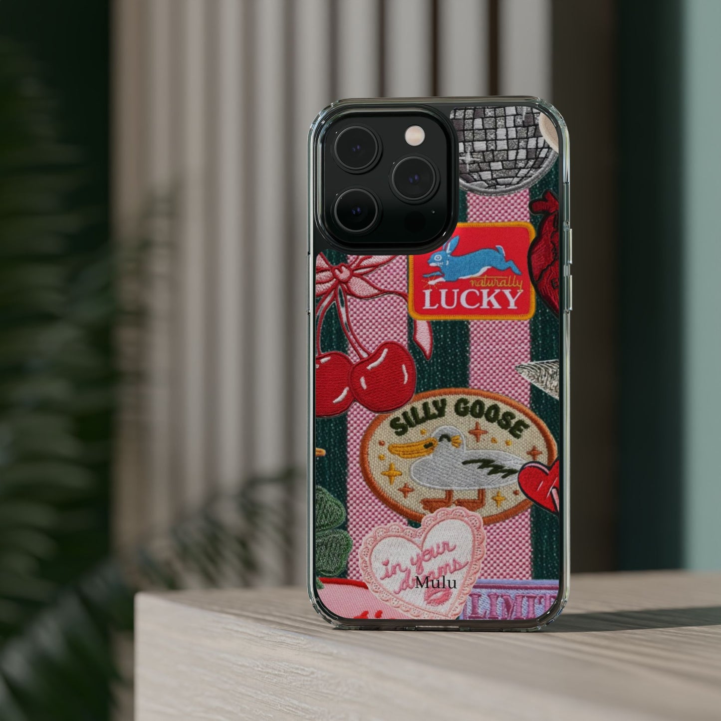 Clear Impact-Resistant Phone Case — Retro Patchwork Stickers (Lucky, Cherries, Silly Goose)