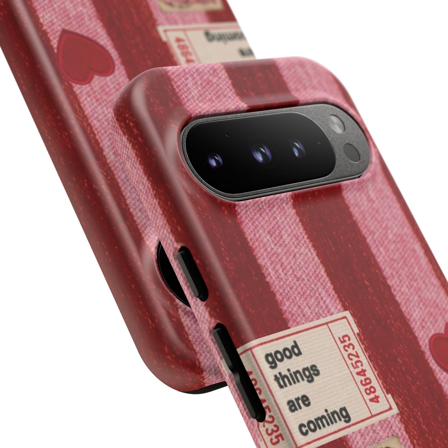 Phone Case — Red Striped Heart Design with “Good Things Are Coming”